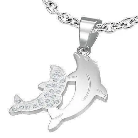 Dolphin Duo Stainless Steel Necklace with CZ Accents