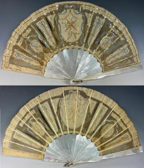 Elegant Antique French 28.5cm Sequined Fan, 2nd Empire Crossed Torches in Sequins, MOP