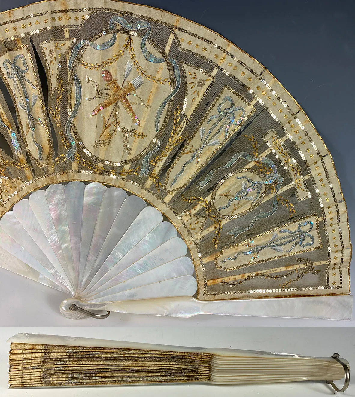 Elegant Antique French 28.5cm Sequined Fan, 2nd Empire Crossed Torches in Sequins, MOP