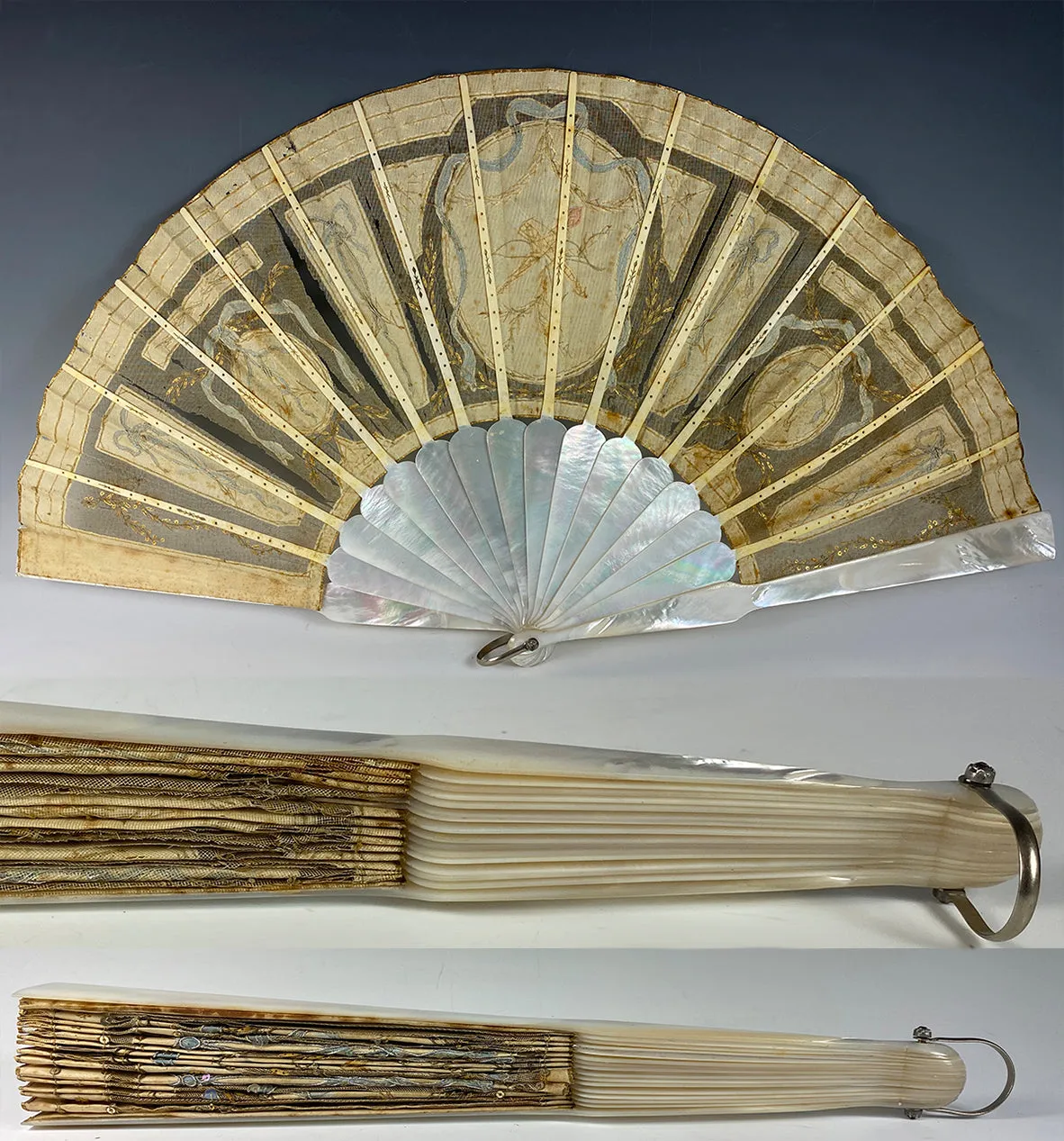 Elegant Antique French 28.5cm Sequined Fan, 2nd Empire Crossed Torches in Sequins, MOP