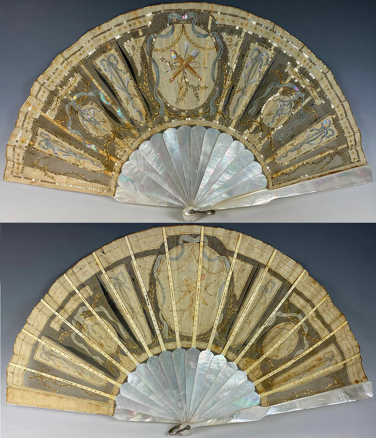 Elegant Antique French 28.5cm Sequined Fan, 2nd Empire Crossed Torches in Sequins, MOP