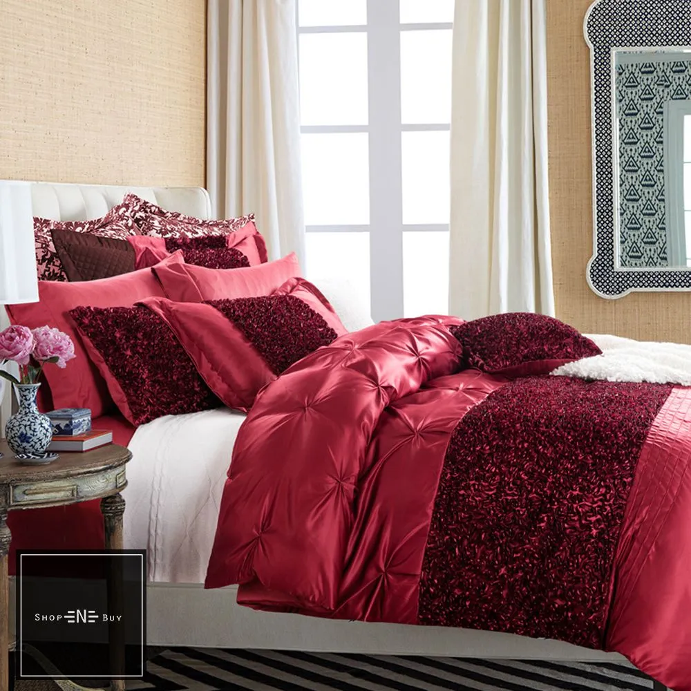 Elegant Look Red Bridal Quilt Set - 12 Pieces Set with Free Quilt Filling