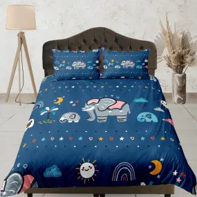 Elephant Blue Duvet Cover Set Colorful Bedspread, Kids Full Bedding Set with Pillowcase, Comforter Cover Twin