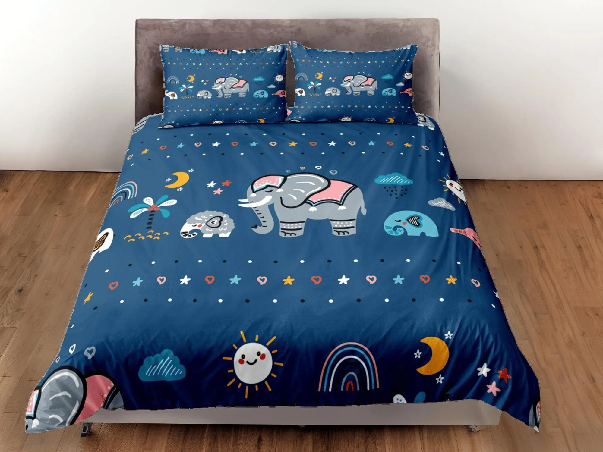 Elephant Blue Duvet Cover Set Colorful Bedspread, Kids Full Bedding Set with Pillowcase, Comforter Cover Twin