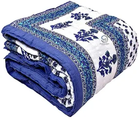 FEELRAX Jaipuri Razai Rajsthani Traditional Hand Stitched Blue Flower Printed Lightweight Pure Cotton Winter and Summer Jaipuri Ac Quilt Razai/Rajai/Blanket/Comforter (Single Bed, 60 X 90 INCHES)