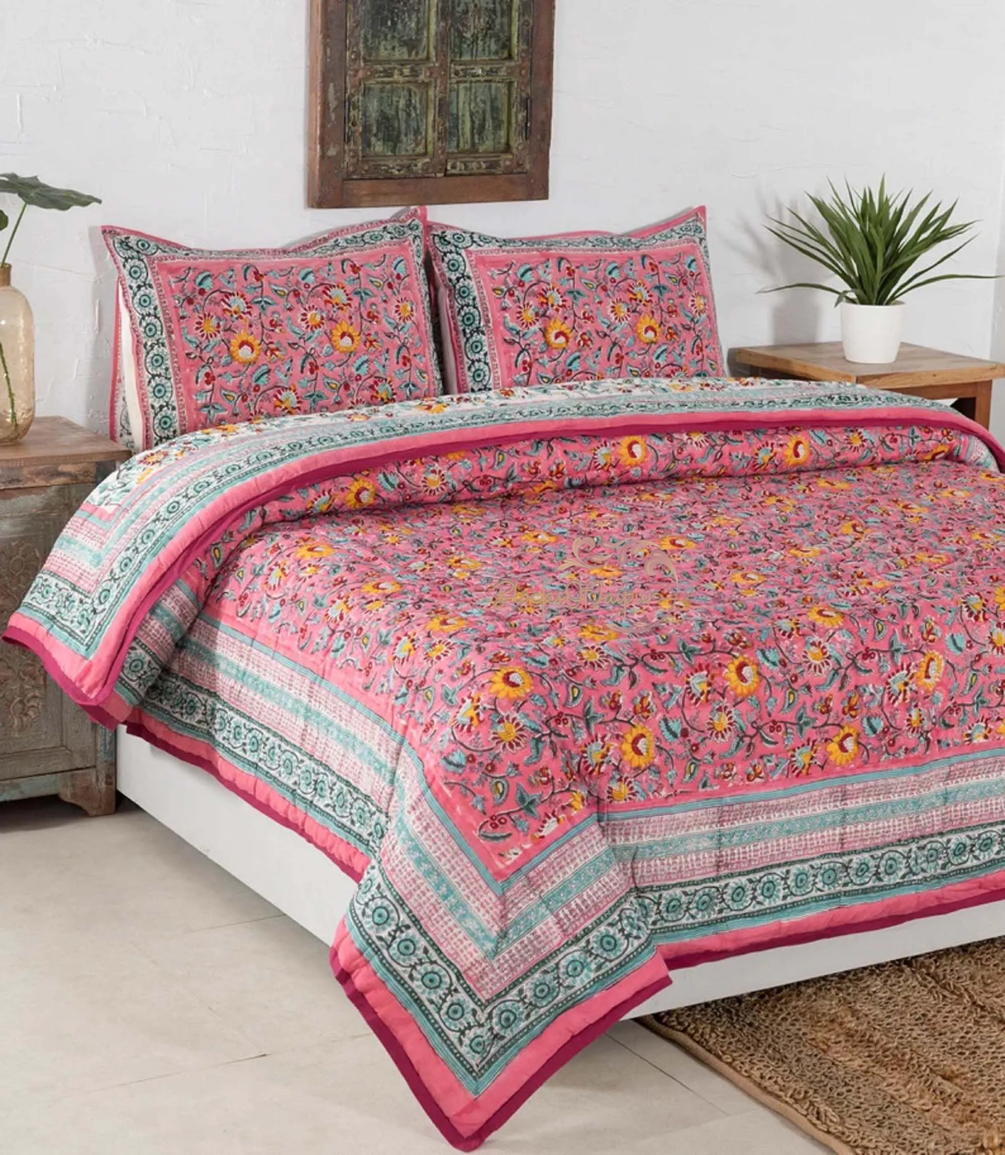 FEELRAX Jaipuri Razai Rajsthani Traditional Reversible Red Flower Block Printed Lightweight Pure Cotton Winter and Summer Jaipuri Ac Quilt Razai/Rajai/Blanket/Comforter (Double Bed 90 X 108 INCHES)