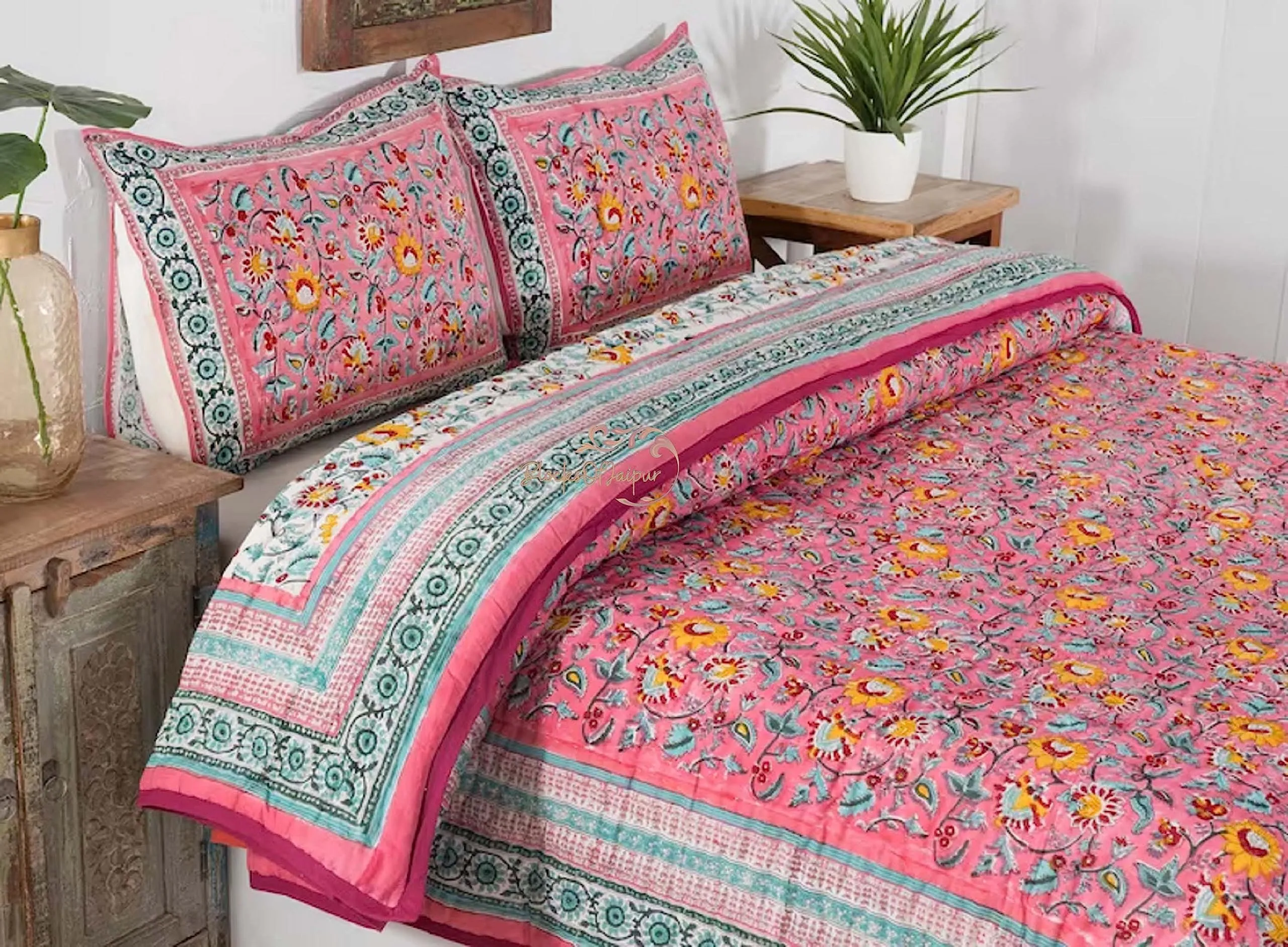 FEELRAX Jaipuri Razai Rajsthani Traditional Reversible Red Flower Block Printed Lightweight Pure Cotton Winter and Summer Jaipuri Ac Quilt Razai/Rajai/Blanket/Comforter (Double Bed 90 X 108 INCHES)