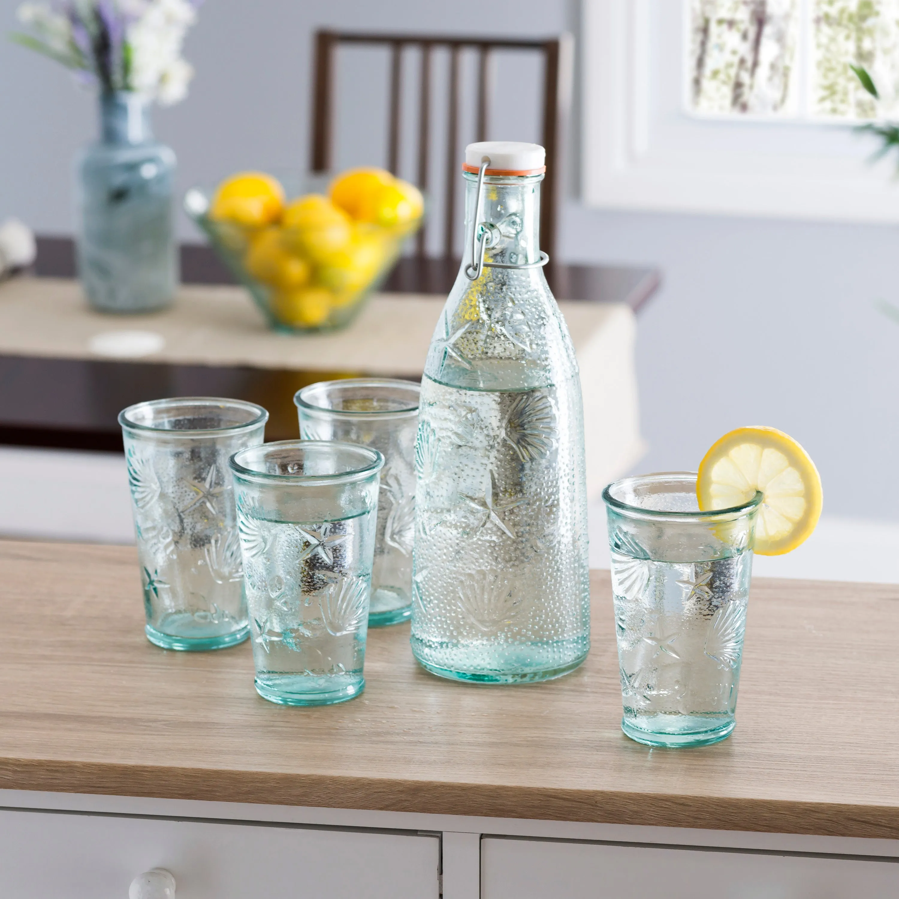 French Home Recycled Clear Glass, 1-quart Coastal Water Bottle and Set of 4, 10-ounce Glasses