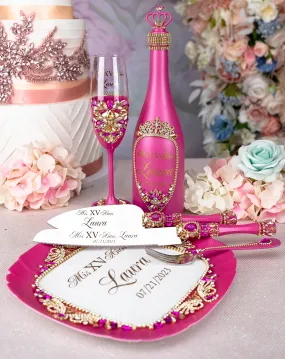 Fuchsia quinceanera brindis package with bottle