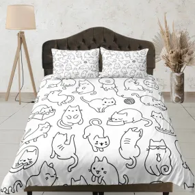 Funny Cats Duvet Cover Set Cute Bedspread, Animal Doodle Dorm Bedding & Pillowcase