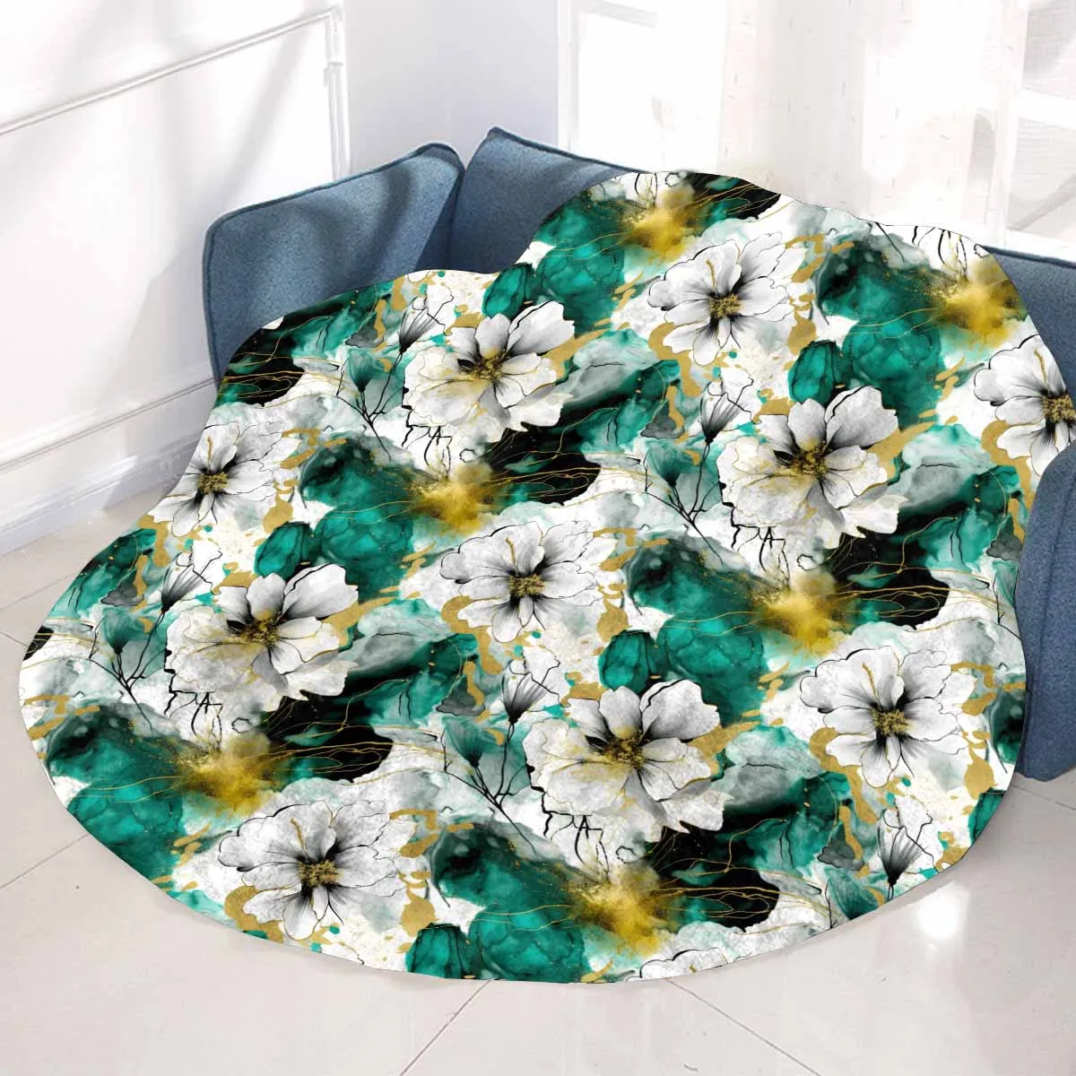 Green and White Ink Floral  Circular Micro Fleece Blanket 60"