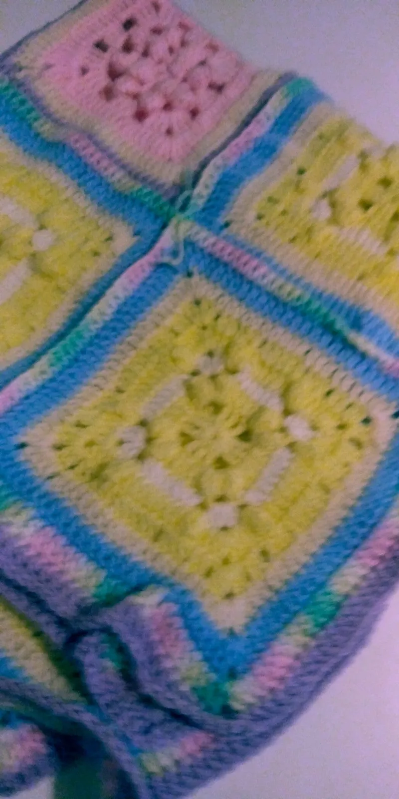 Handmade Granny Baby Blanket Square of Pinks, Yellows, Baby Mix with Light Purple Border Shell Patchwork