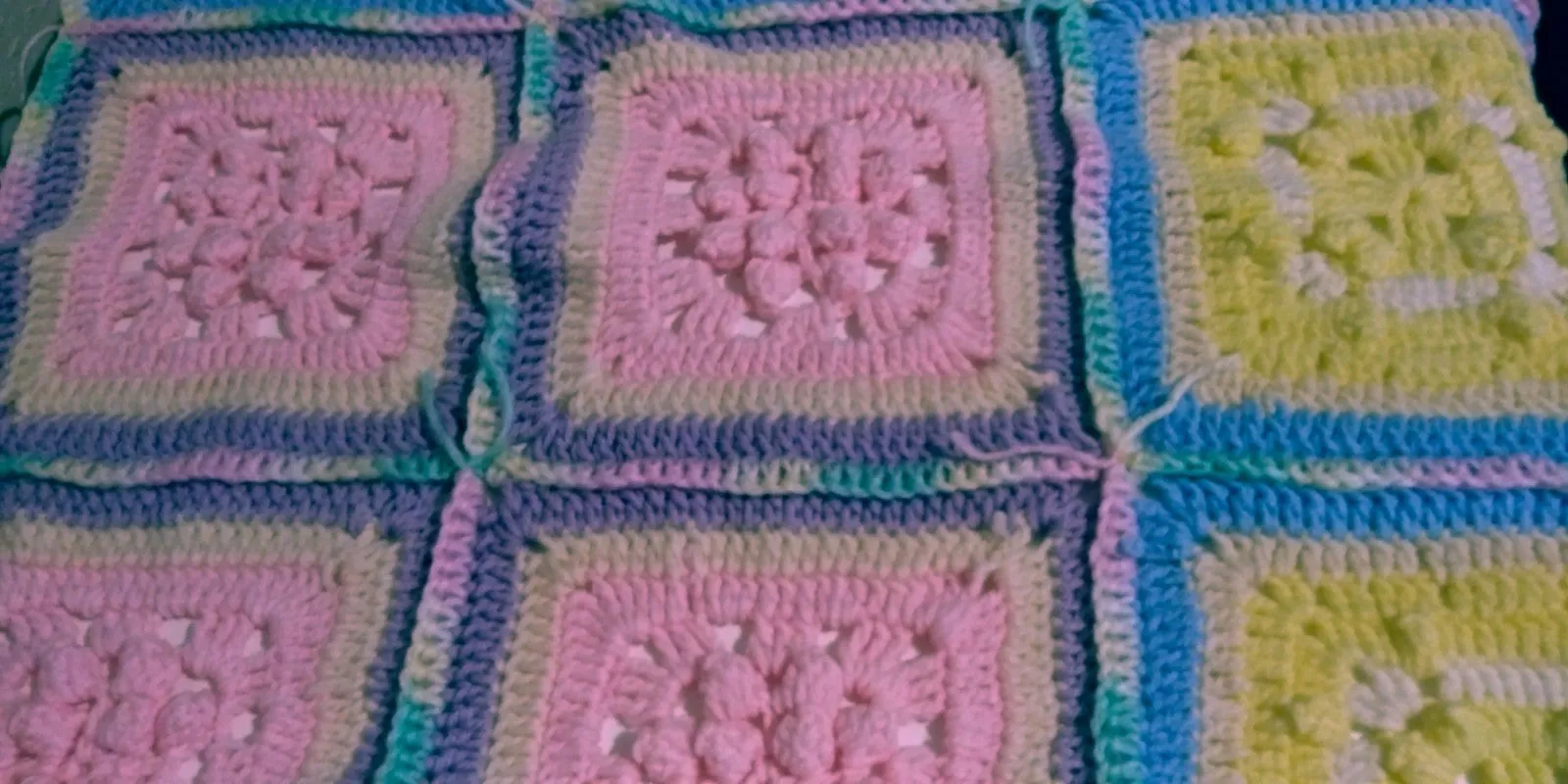 Handmade Granny Baby Blanket Square of Pinks, Yellows, Baby Mix with Light Purple Border Shell Patchwork