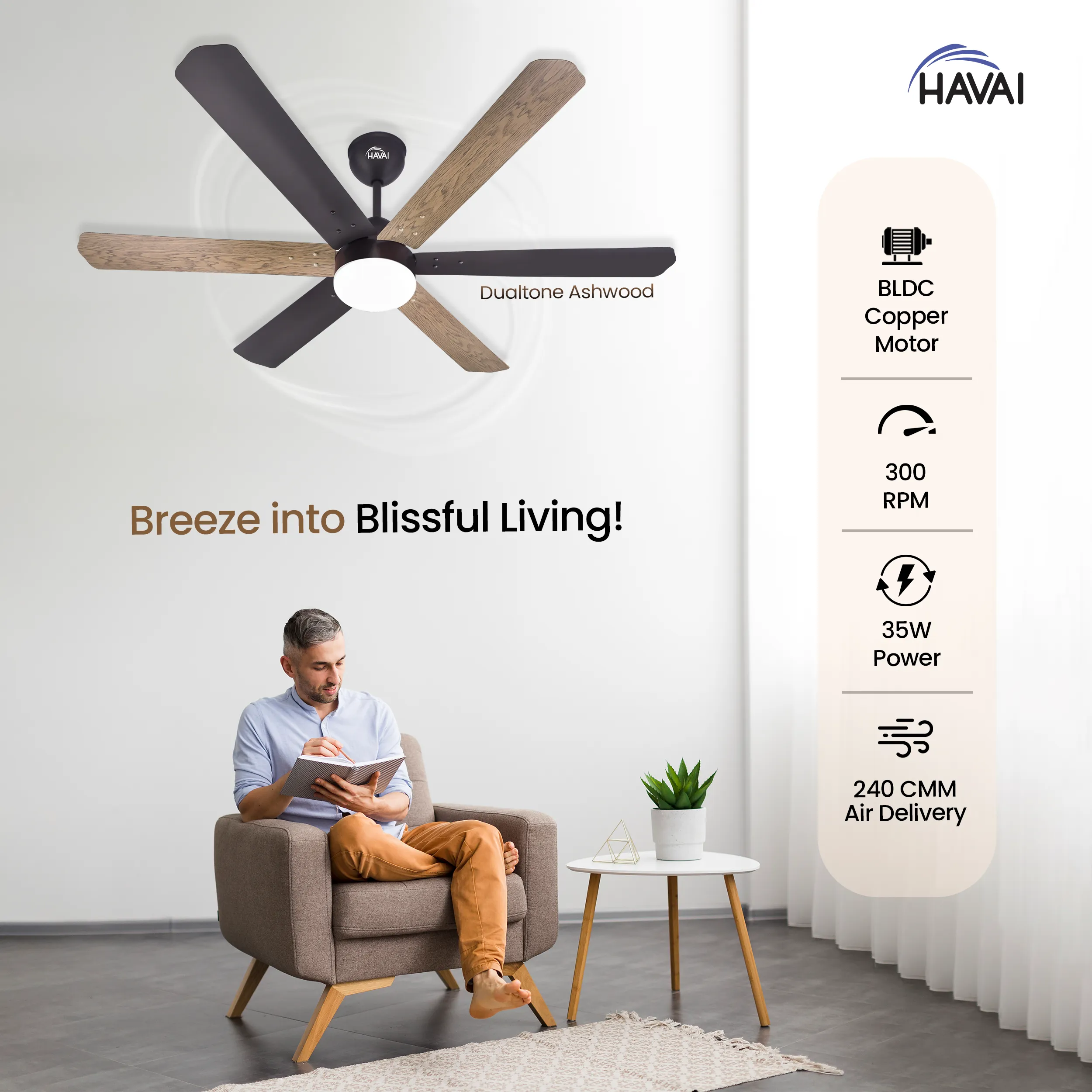 HAVAI Pristine Dualtone Range BLDC Ceiling Fan - 6 Blades - 35W, Ashwood and Smoke Brown 1200mm Blade with Remote (White Motor – 0.5W LED)