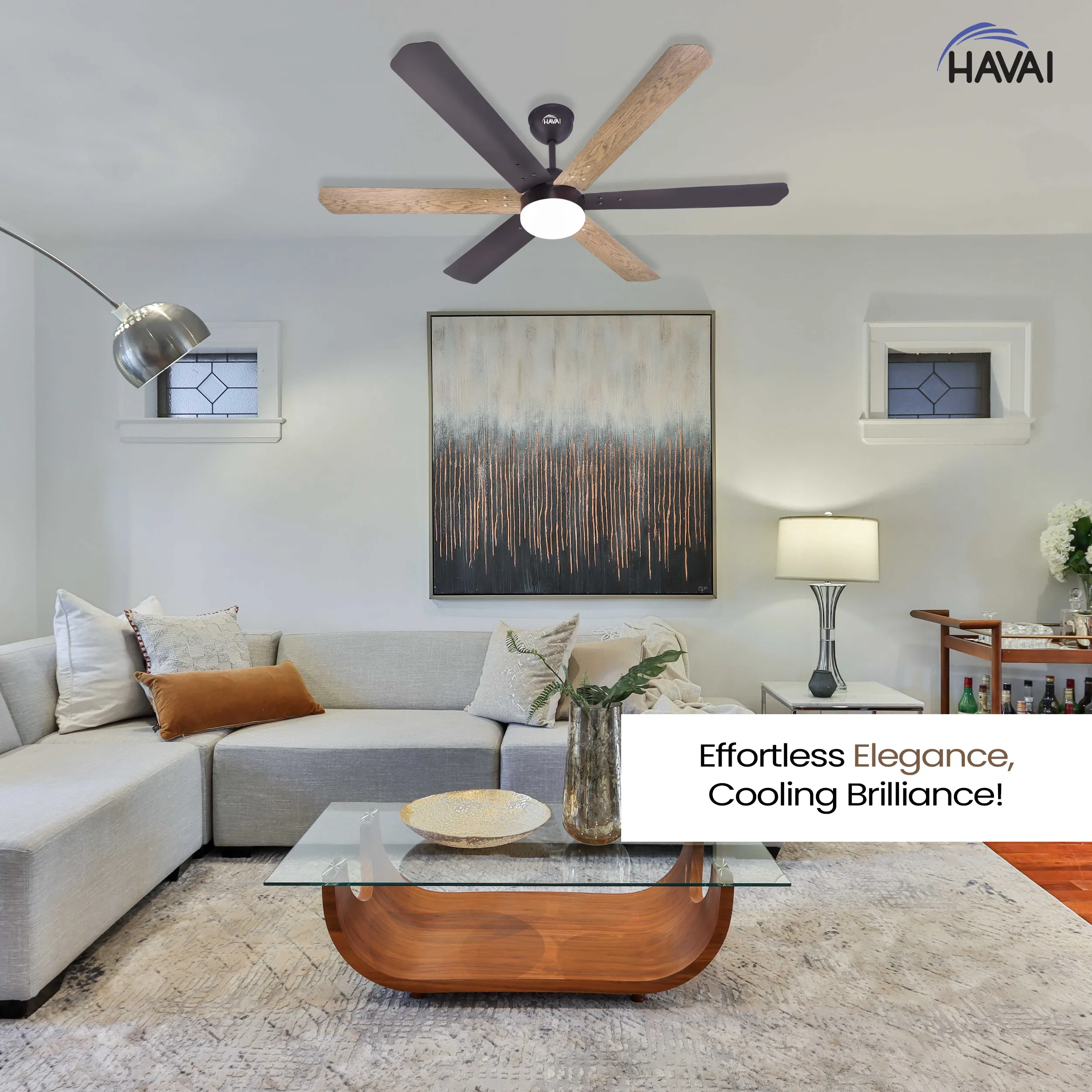 HAVAI Pristine Dualtone Range BLDC Ceiling Fan - 6 Blades - 35W, Ashwood and Smoke Brown 1200mm Blade with Remote (White Motor – 0.5W LED)