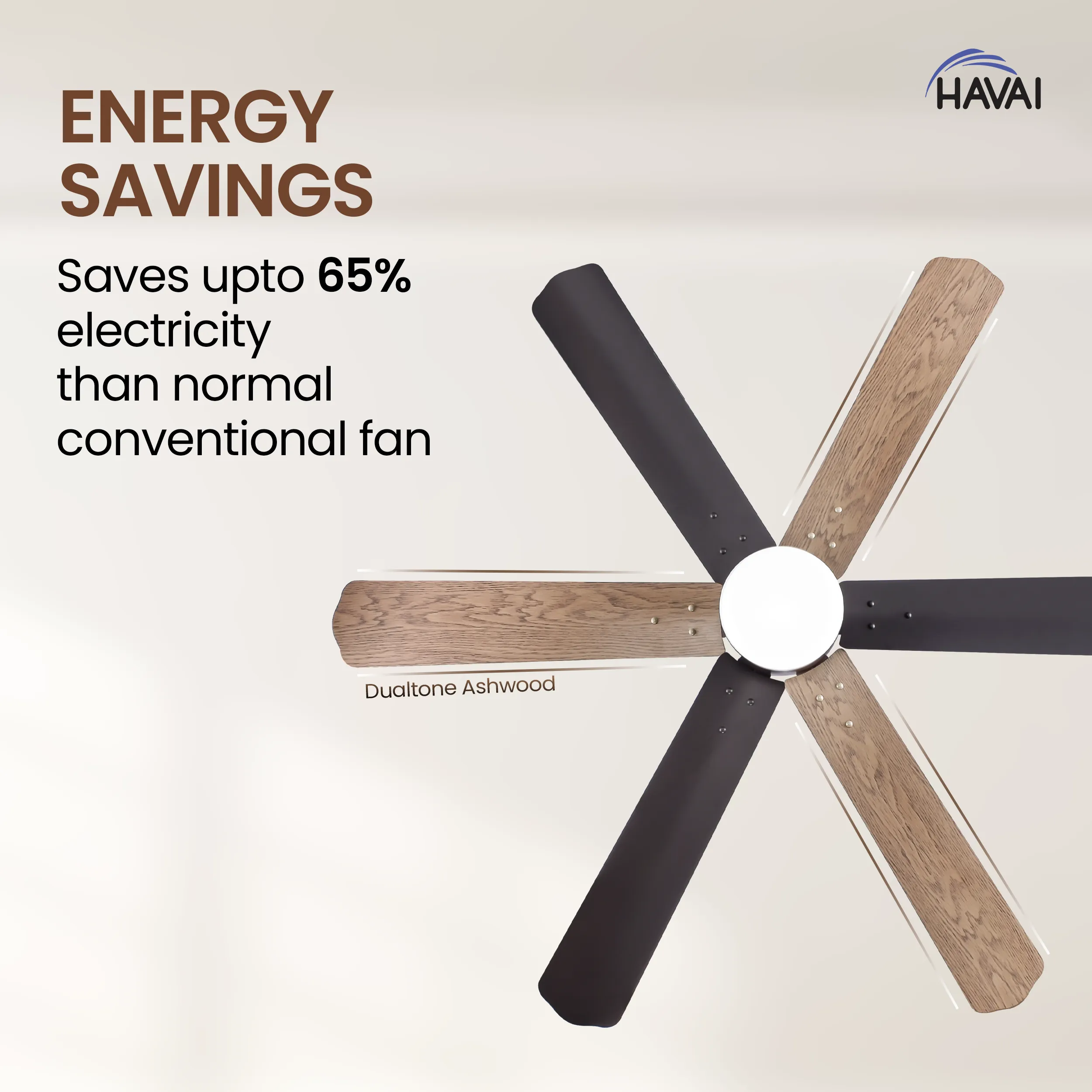 HAVAI Pristine Dualtone Range BLDC Ceiling Fan - 6 Blades - 35W, Ashwood and Smoke Brown 1200mm Blade with Remote (White Motor – 0.5W LED)