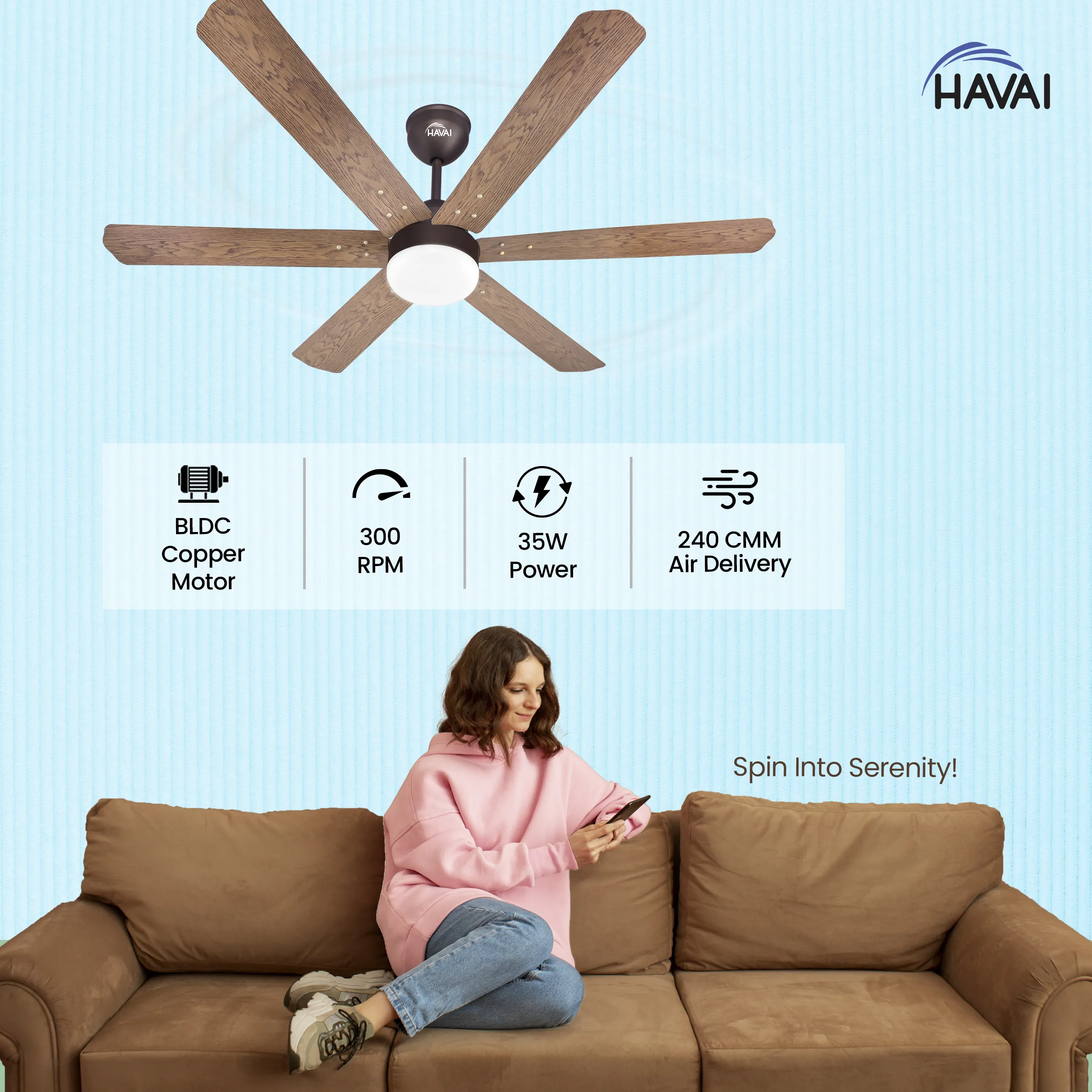 HAVAI Pristine Wooden Range BLDC Ceiling Fan - 6 Blades - 35W, Ashwood 1200mm Blade with Remote (WHITE 0.5 LED)…