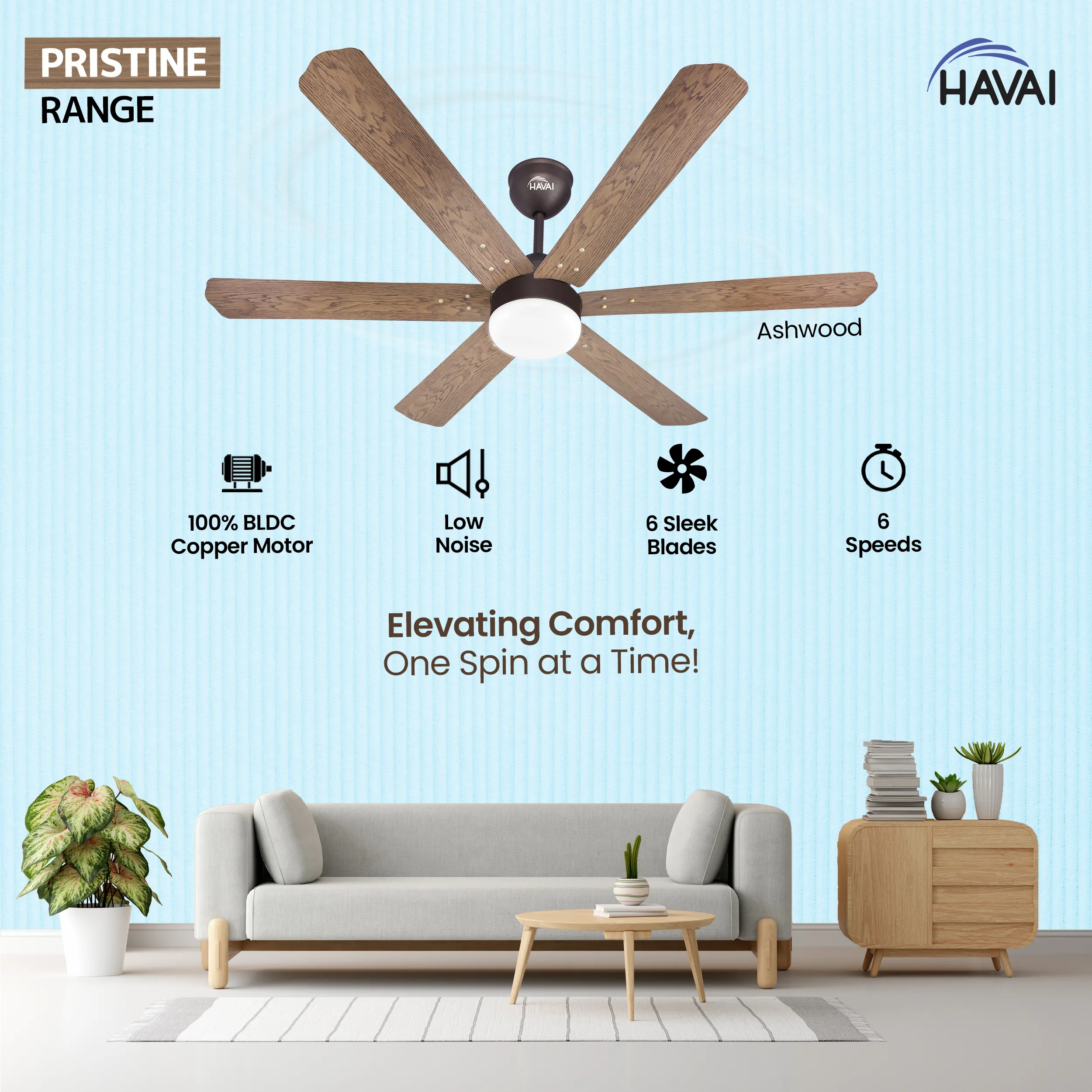 HAVAI Pristine Wooden Range BLDC Ceiling Fan - 6 Blades - 35W, Ashwood 1200mm Blade with Remote (WHITE 0.5 LED)…