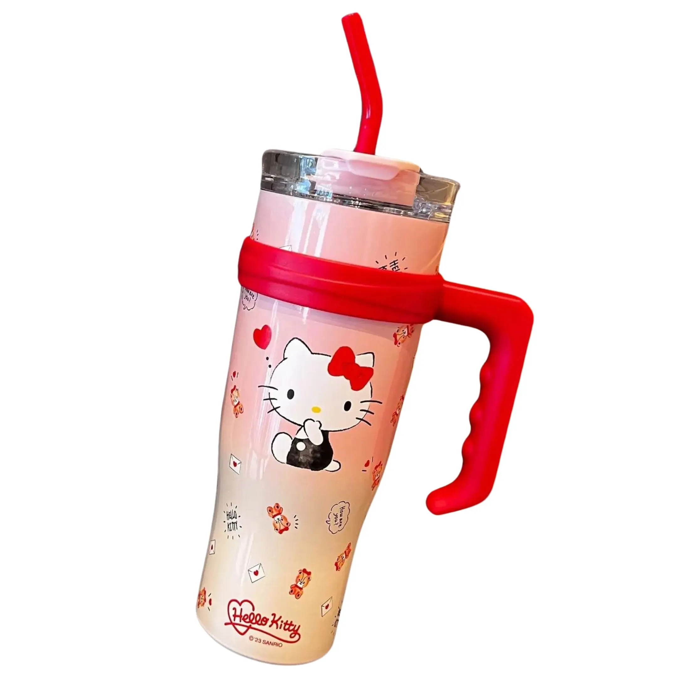 Hello Kitty 40 oz Stainless Steel Insulated Handle Tumbler in Pink and Red | XL Size with Straw | Gift for Her