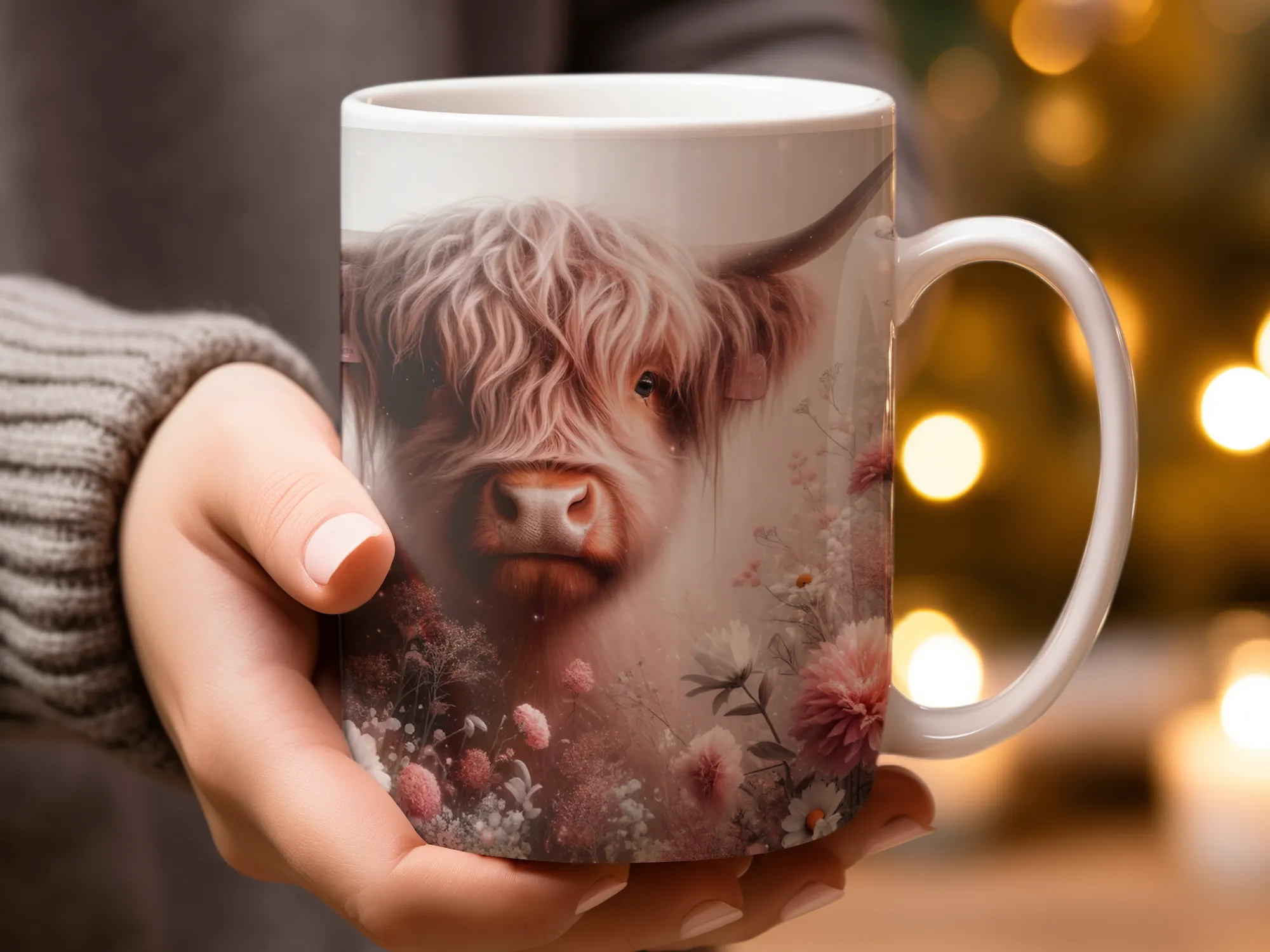 Highland Cow Pink Flowers Coffee Mug, Highland Cow Coffee Mug, Highland Cow Cup