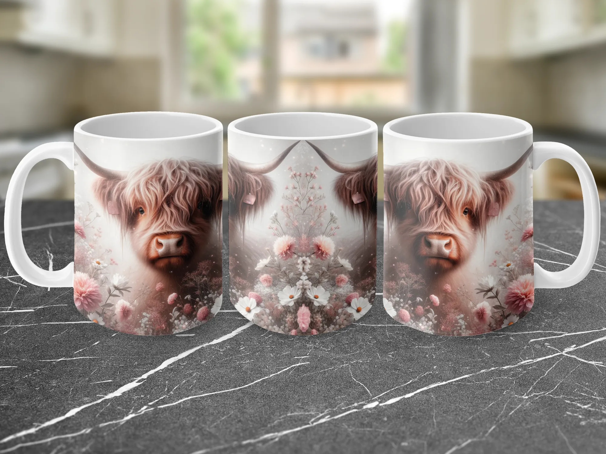 Highland Cow Pink Flowers Coffee Mug, Highland Cow Coffee Mug, Highland Cow Cup