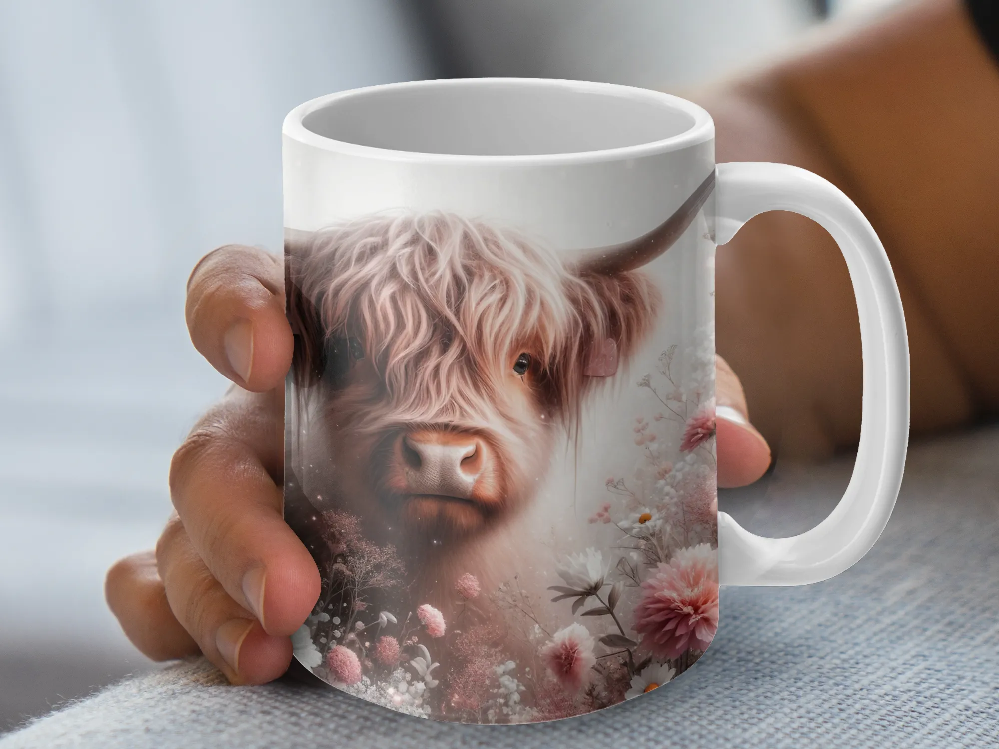 Highland Cow Pink Flowers Coffee Mug, Highland Cow Coffee Mug, Highland Cow Cup