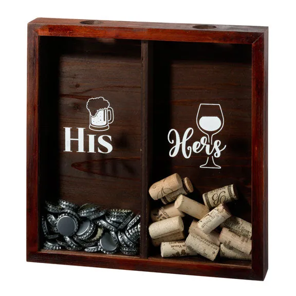 His and Hers Bottle Cap and Cork Wedding Ceremony Wood Shadow Box