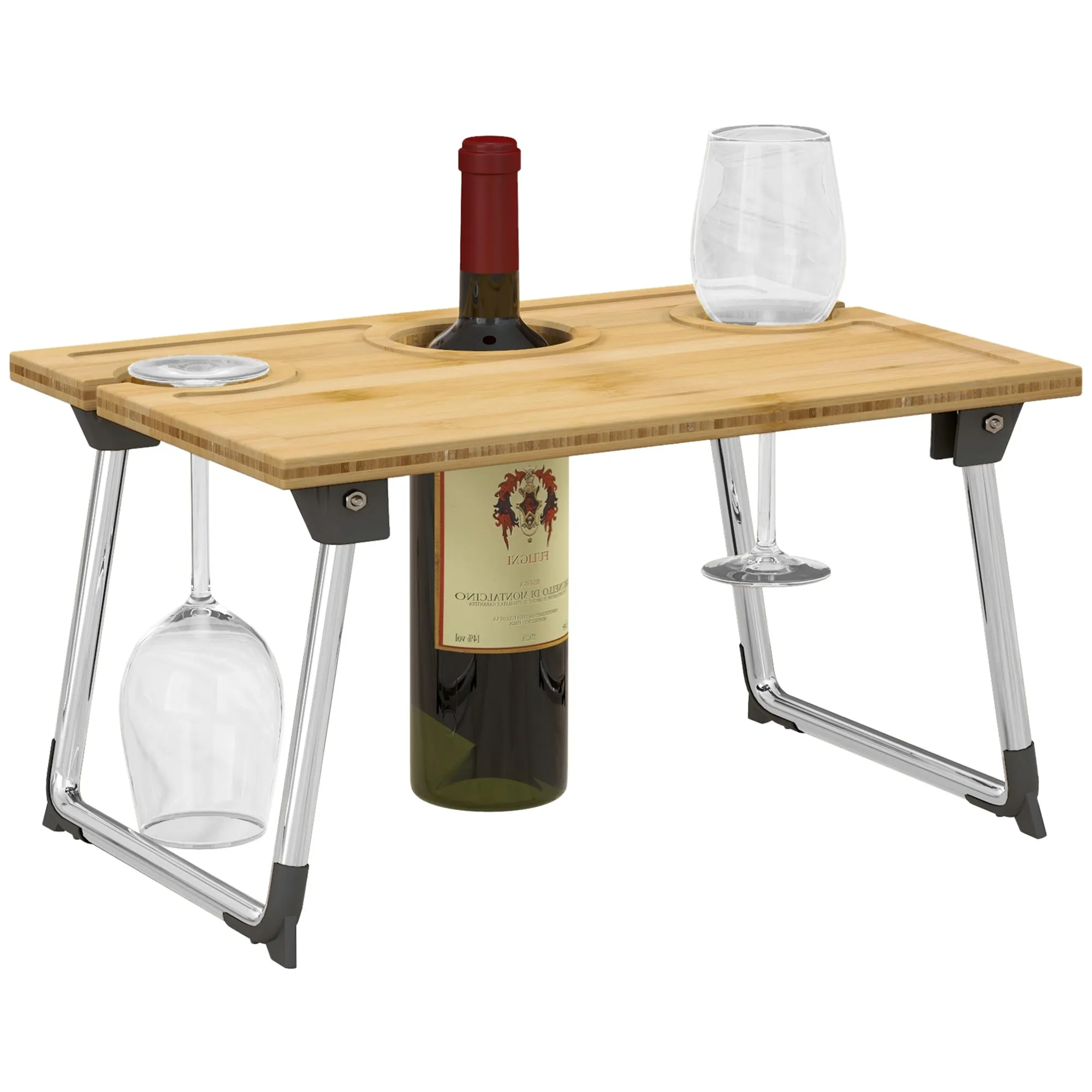 HOMCOM Foldable Wine Table, Bamboo Picnic Table with Bottle Holder, Glass Holder