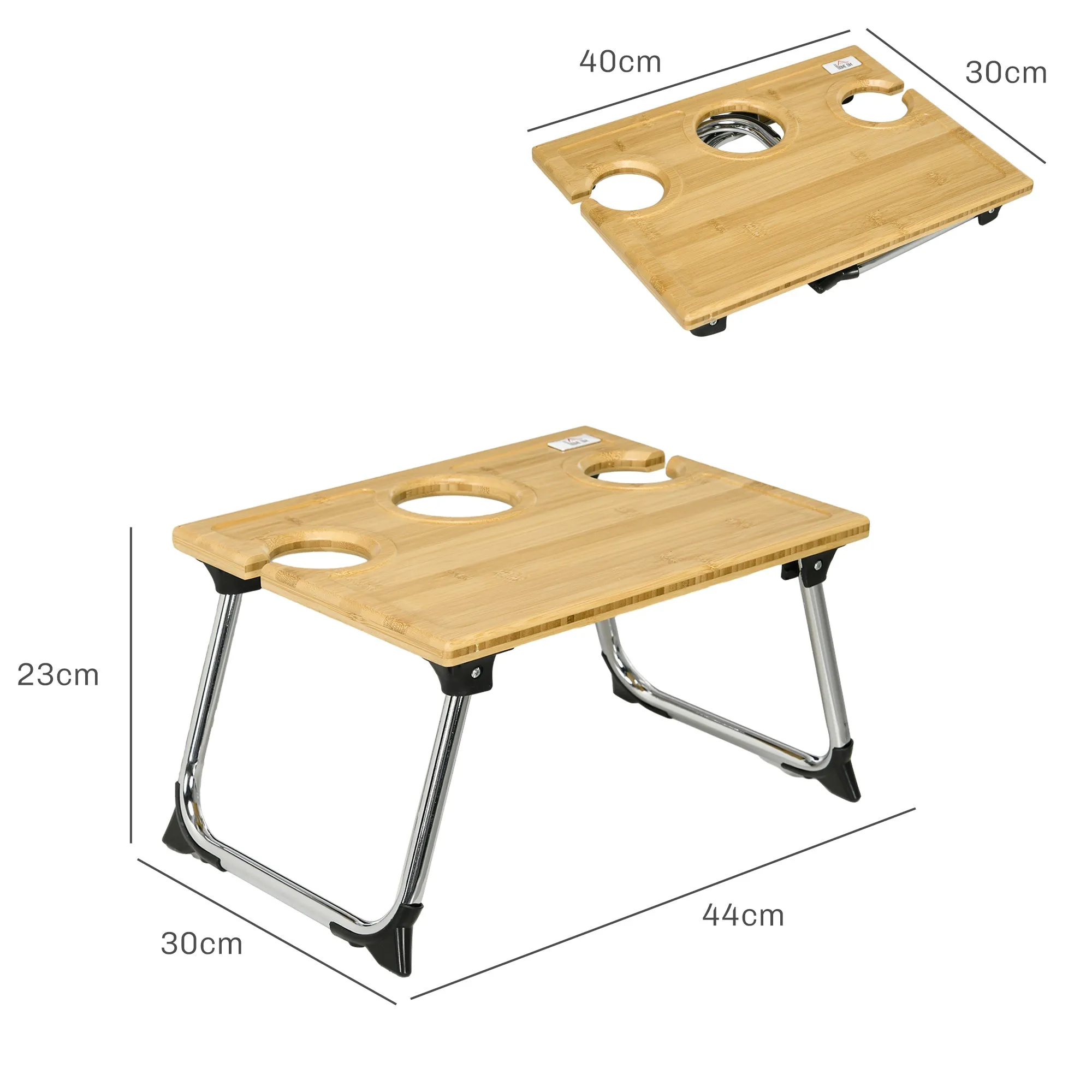 HOMCOM Foldable Wine Table, Bamboo Picnic Table with Bottle Holder, Glass Holder