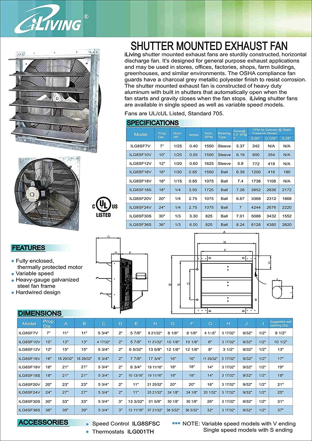 ILG8SF12V - iLIVING 12 Inch Variable Speed Shutter Exhaust Fan, Wall-Mounted