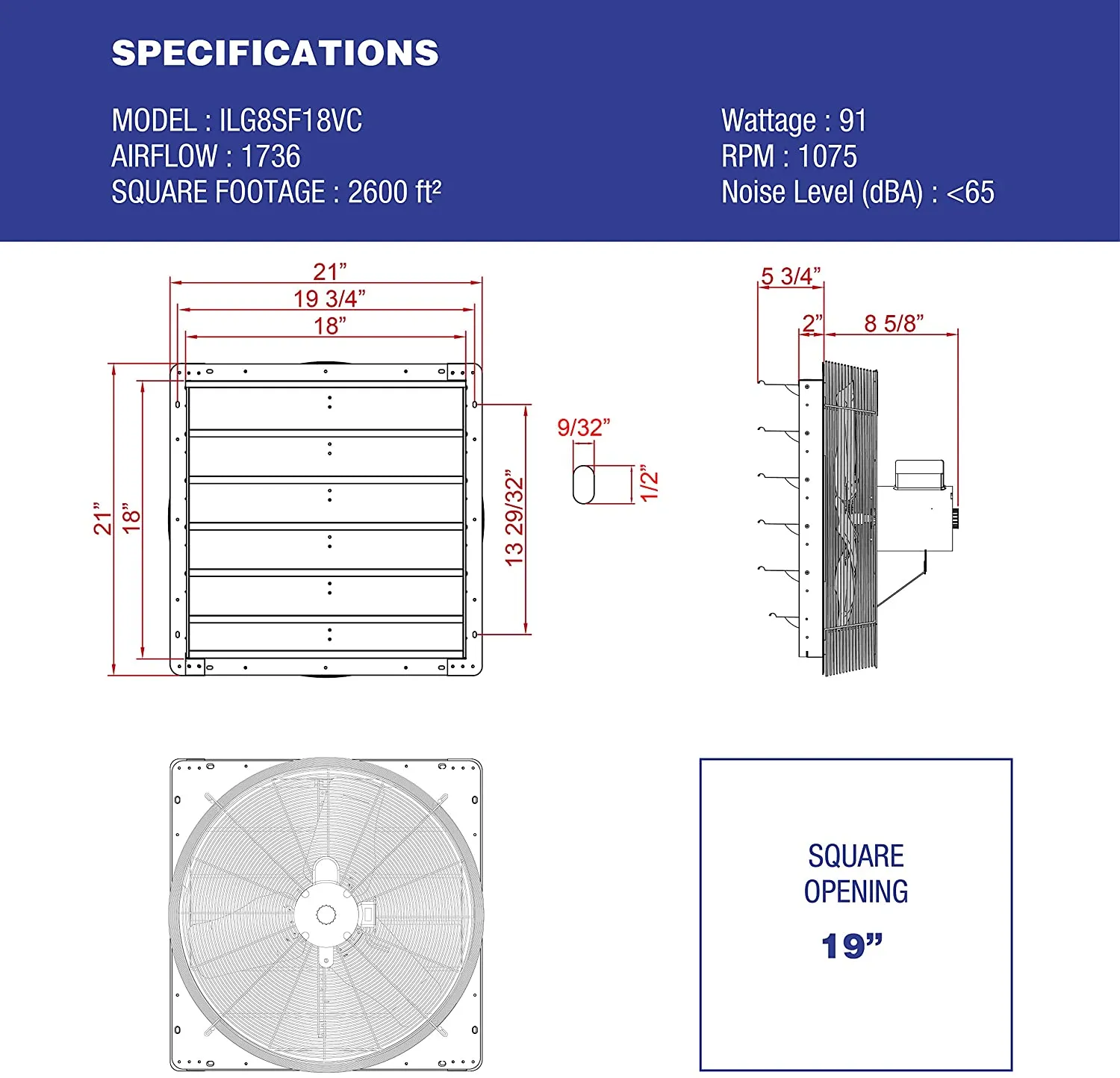 ILG8SF18VC - iLiving 18 Inch Smart Remote Shutter Exhaust Fan with Thermostat, Humidistat, Variable Speed, Timer, Wall Mounted, 18"