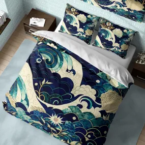 Kanagawa Great Wave Duvet Cover Japanese Pattern Bedding Set, Cotton Duvet Cover Oriental Pattern Blanket Cover, Adults Room Bed Cover