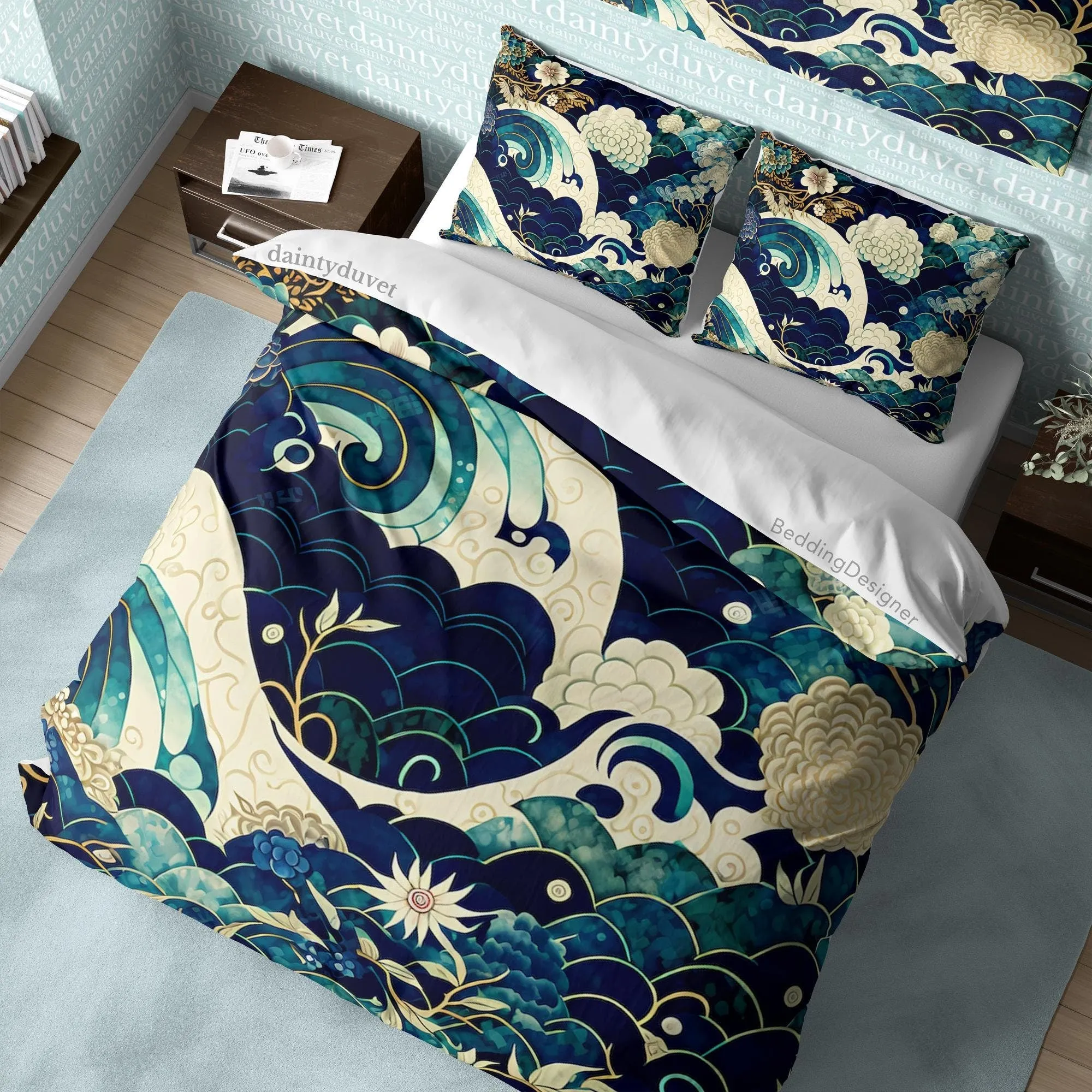 Kanagawa Great Wave Duvet Cover Japanese Pattern Bedding Set, Cotton Duvet Cover Oriental Pattern Blanket Cover, Adults Room Bed Cover