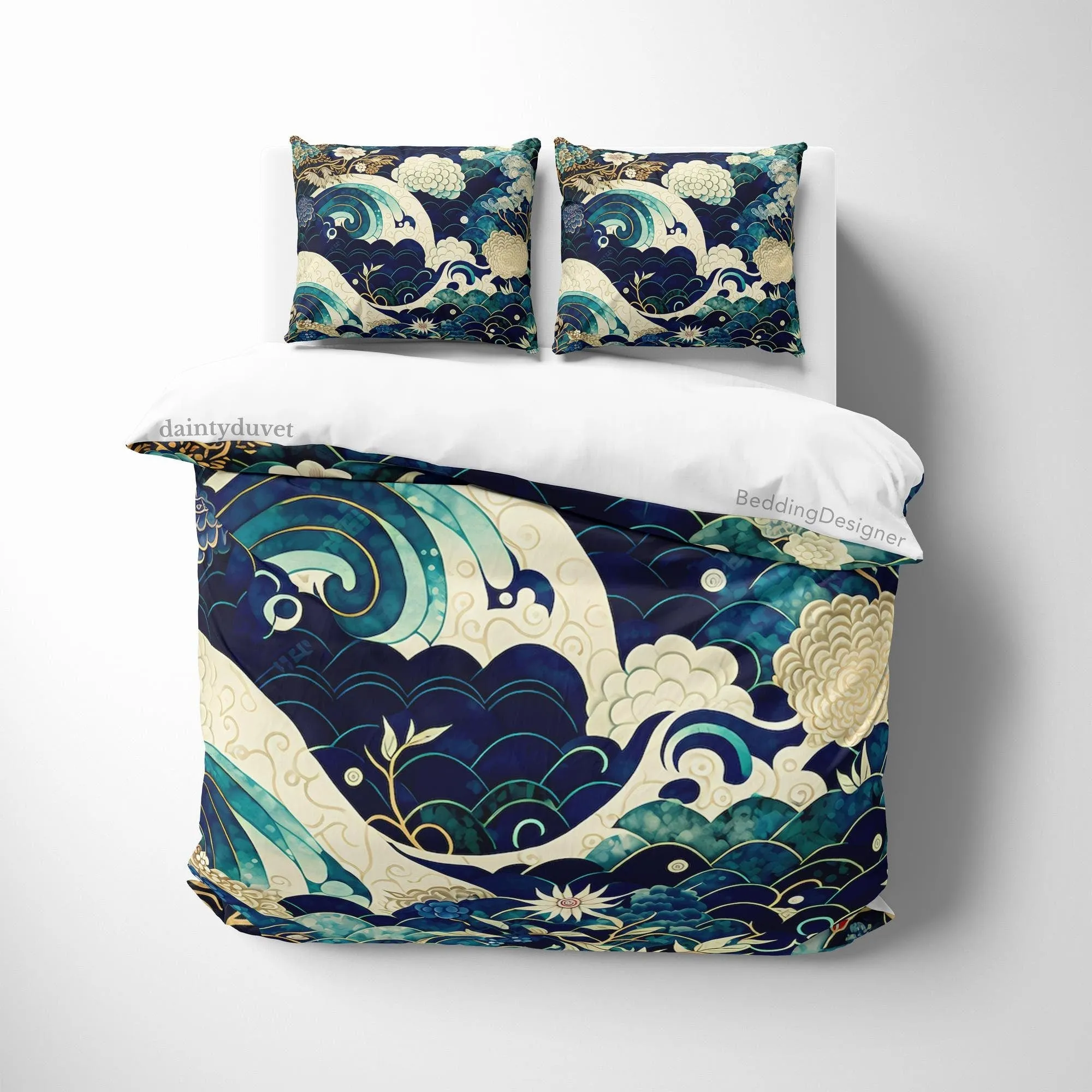 Kanagawa Great Wave Duvet Cover Japanese Pattern Bedding Set, Cotton Duvet Cover Oriental Pattern Blanket Cover, Adults Room Bed Cover