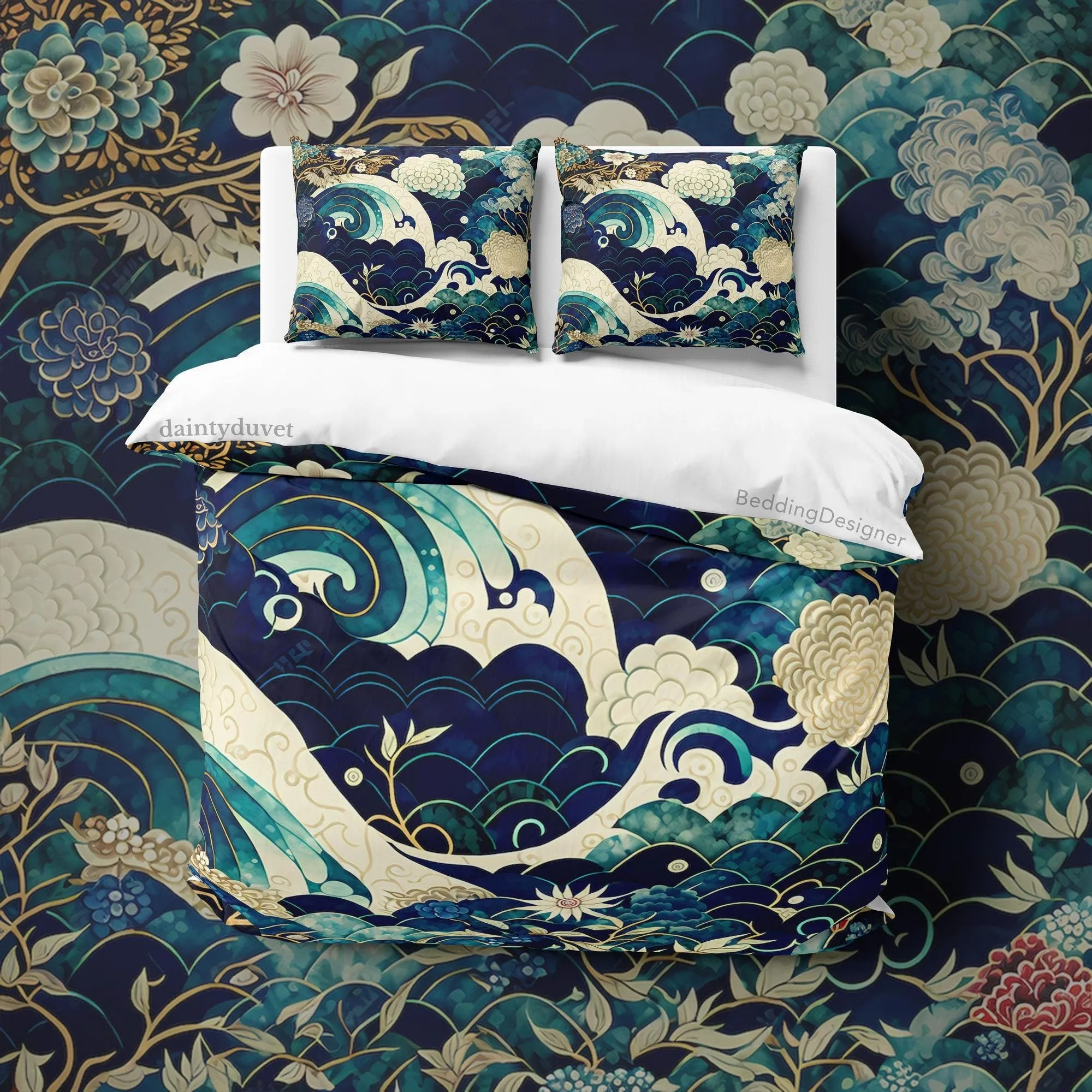 Kanagawa Great Wave Duvet Cover Japanese Pattern Bedding Set, Cotton Duvet Cover Oriental Pattern Blanket Cover, Adults Room Bed Cover