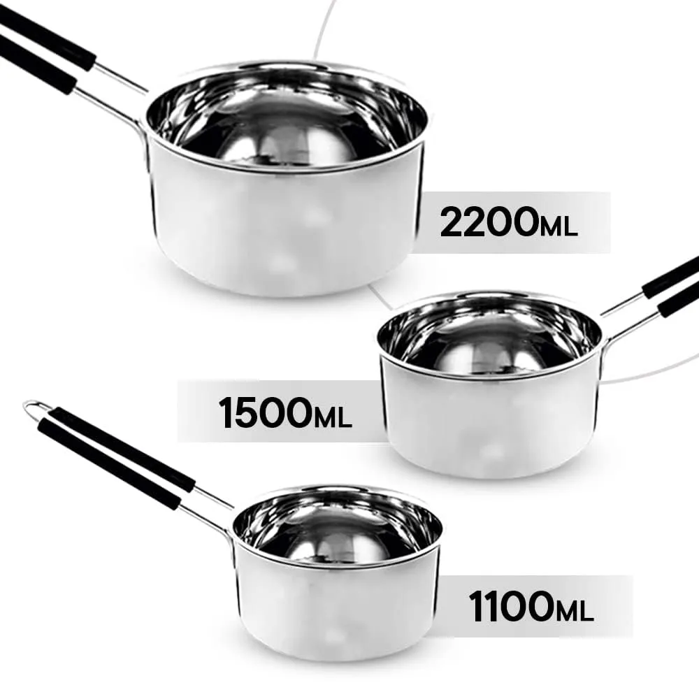 Kuber Industries Set of 3 Stainless Steel Saucepan/Tea Pan|1.1 L, 1.5 L, 2.2 L Capacity|Silicon Handle|Thick Base for Boiling Milk & Tea|Heavy Duty Gauge|Tapeli Patila, Sauce Pot Cookware (Pack of 6)