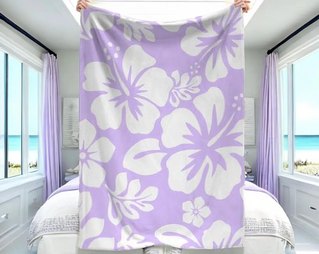 Lavender and White Hawaiian Flowers Minky Throw Blanket