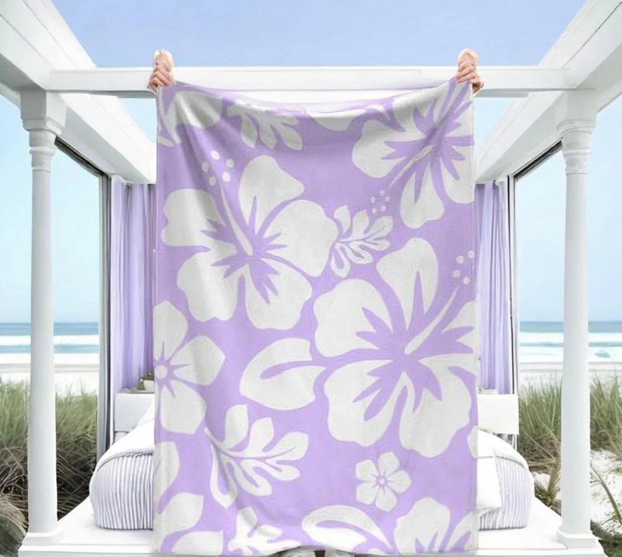 Lavender and White Hawaiian Flowers Minky Throw Blanket