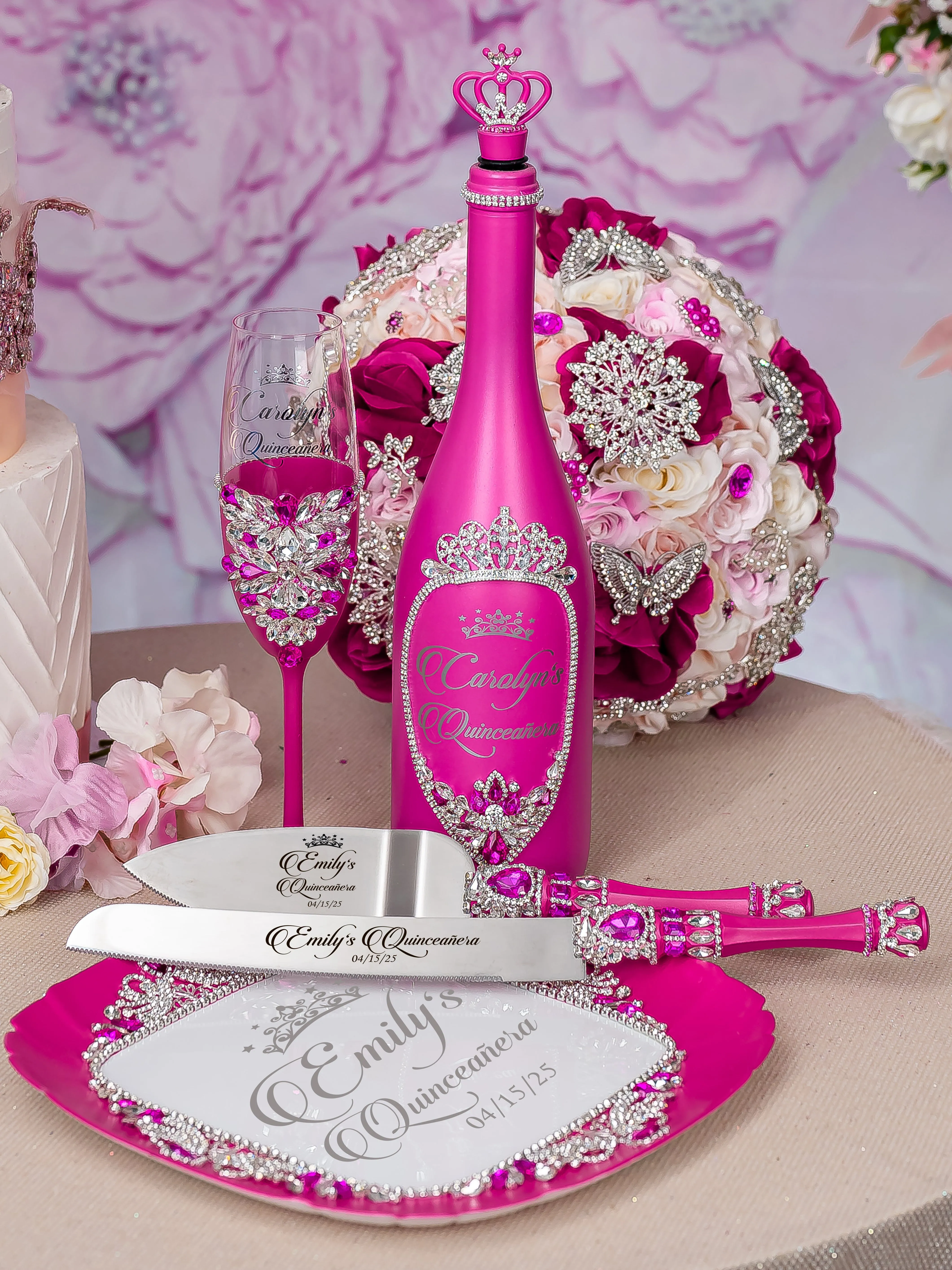 Magenta quinceanera brindis package with bottle