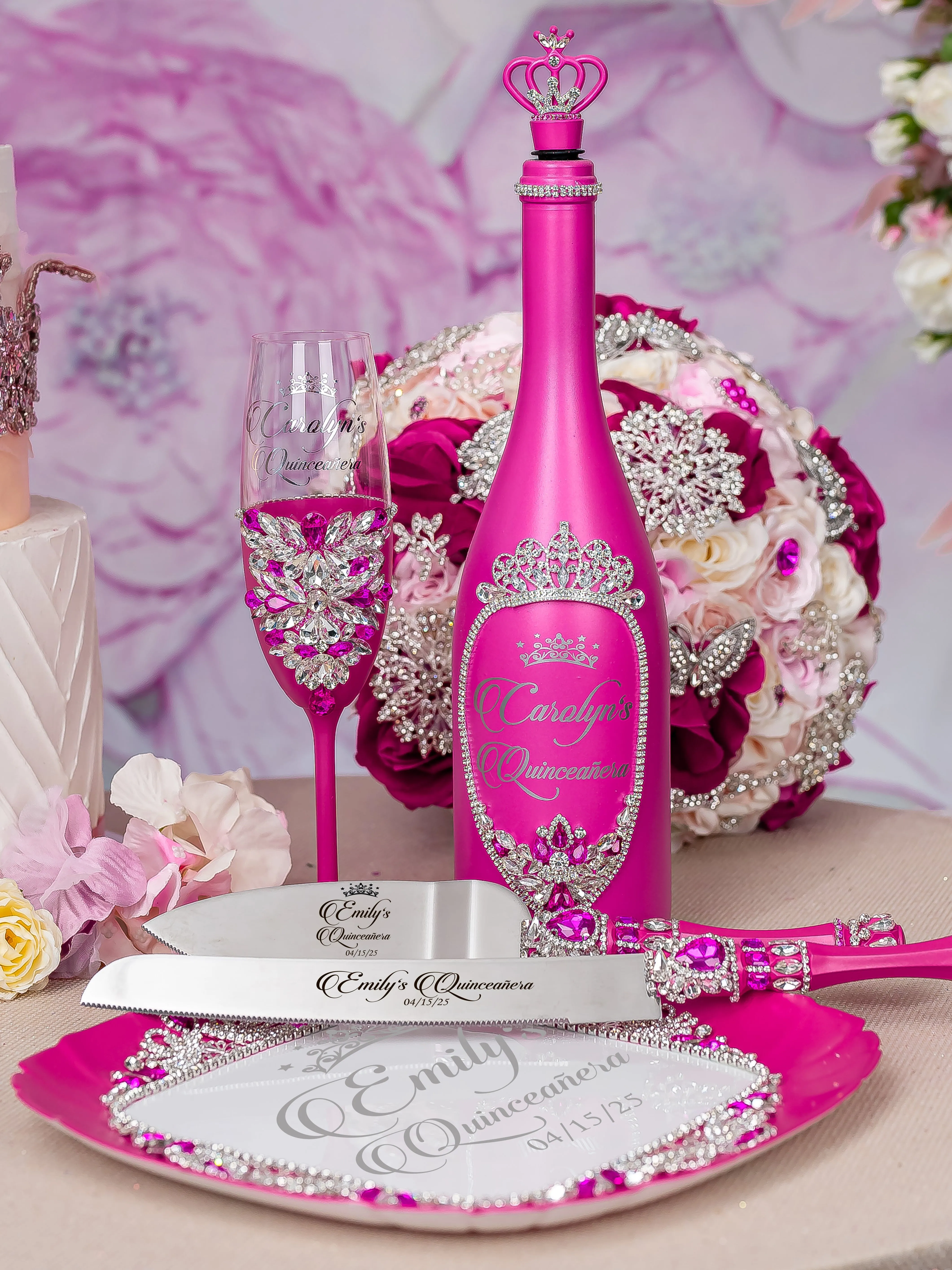 Magenta quinceanera brindis package with bottle