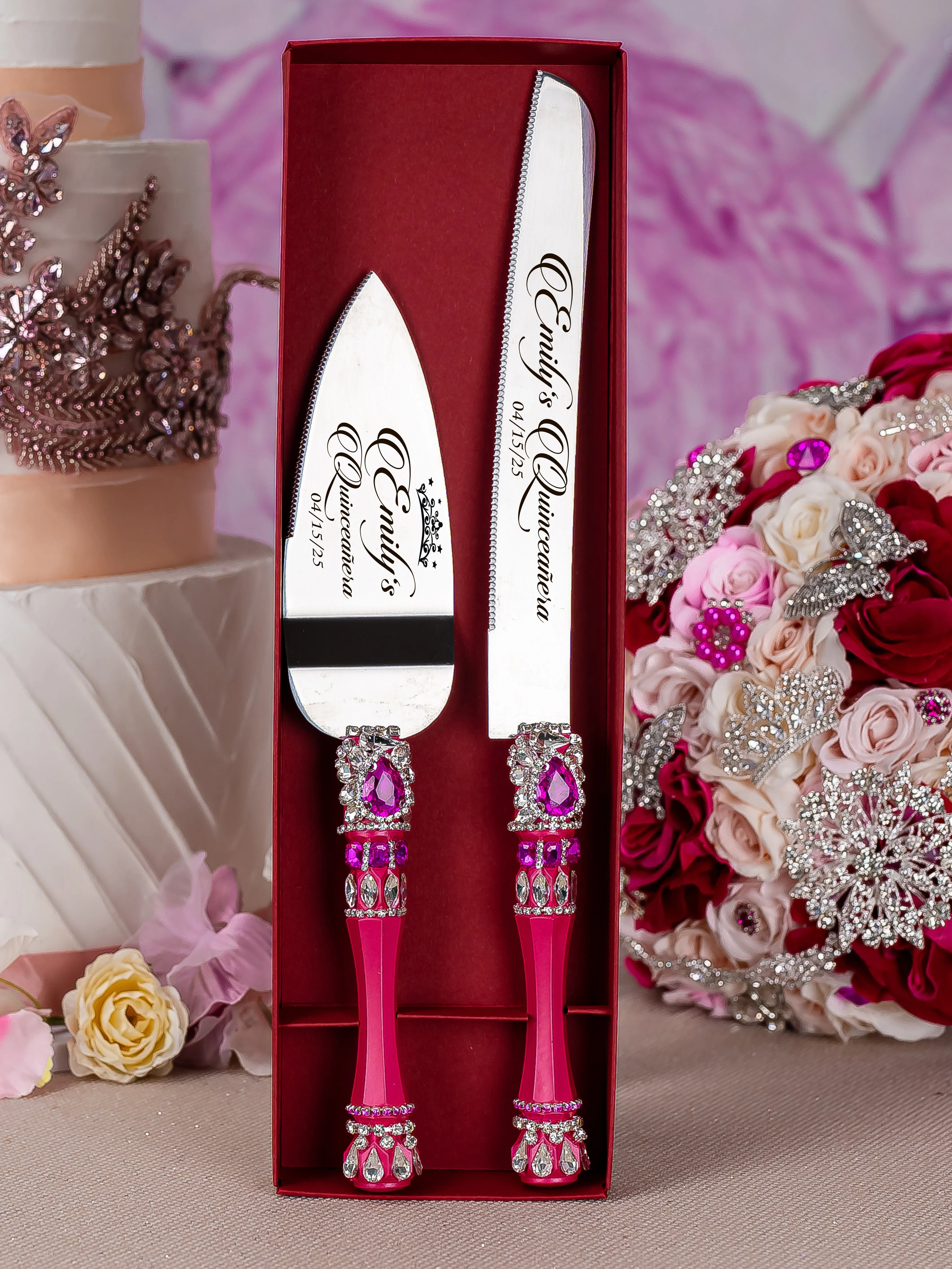 Magenta quinceanera brindis package with bottle