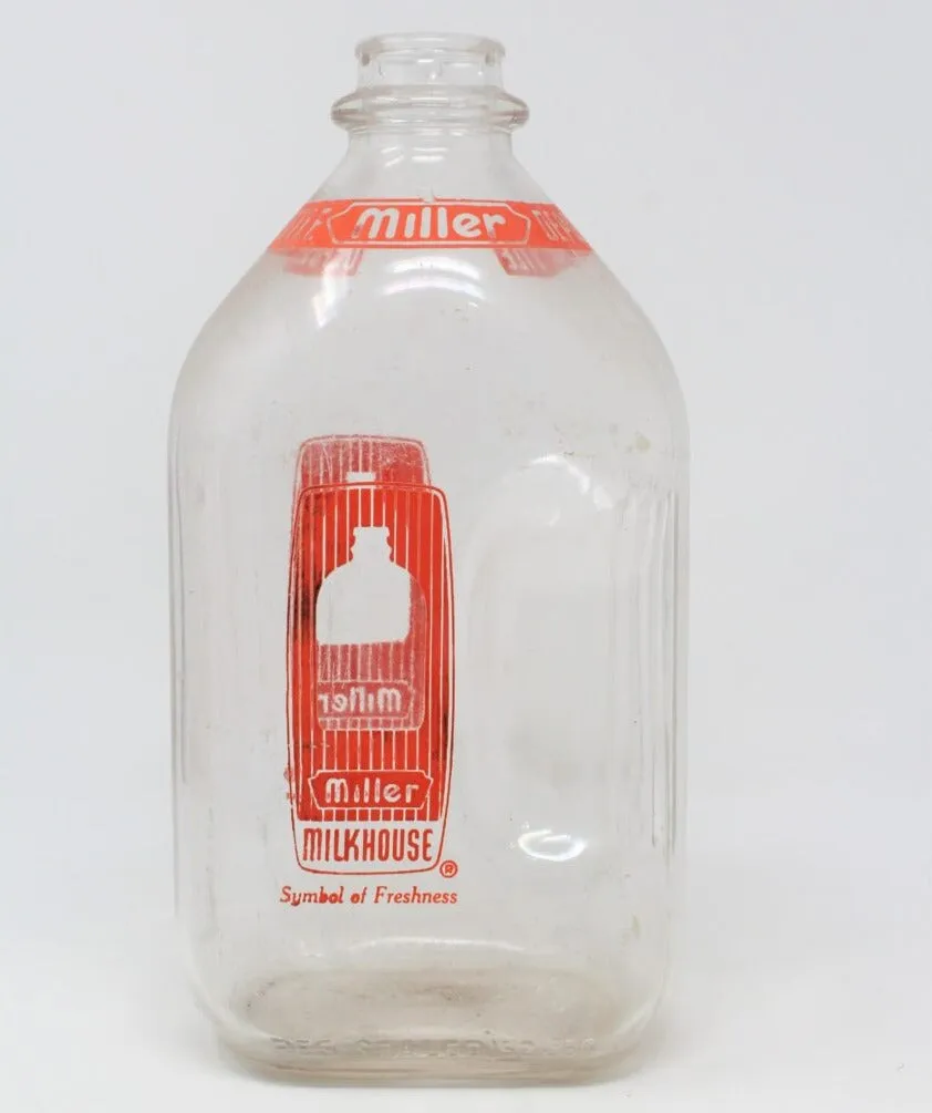 Milk Bottle, Miller Dairy, Orange Pyro ACL, Half Gallon, Indiana, Vintage