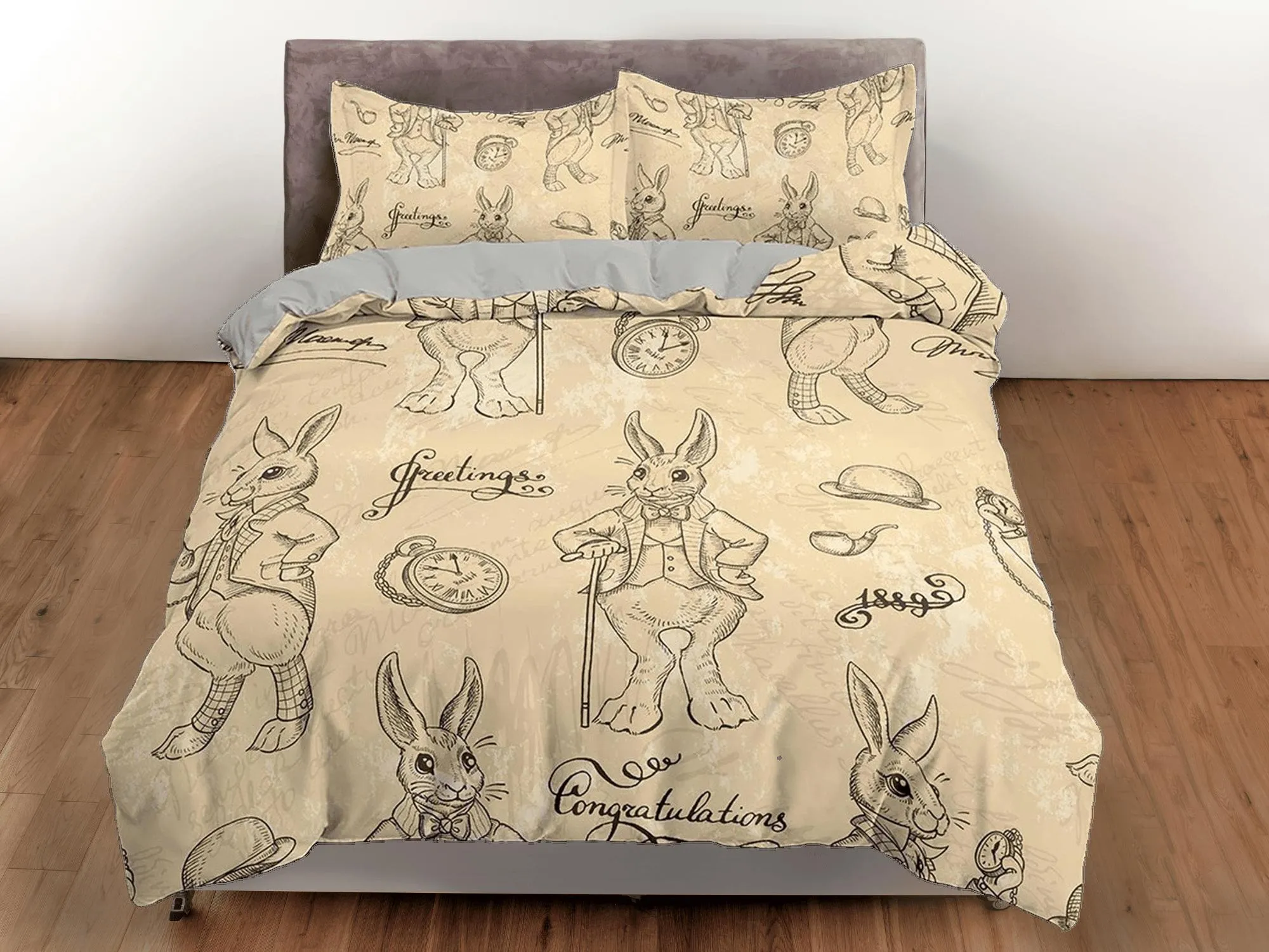 Mr. rabbit in beige toddler bedding, duvet cover for nursery kids, crib bedding with pillowcase, baby zipper bedding, king queen full twin