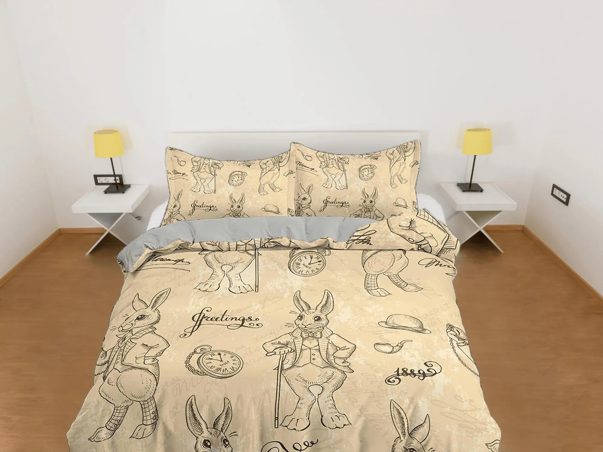 Mr. rabbit in beige toddler bedding, duvet cover for nursery kids, crib bedding with pillowcase, baby zipper bedding, king queen full twin