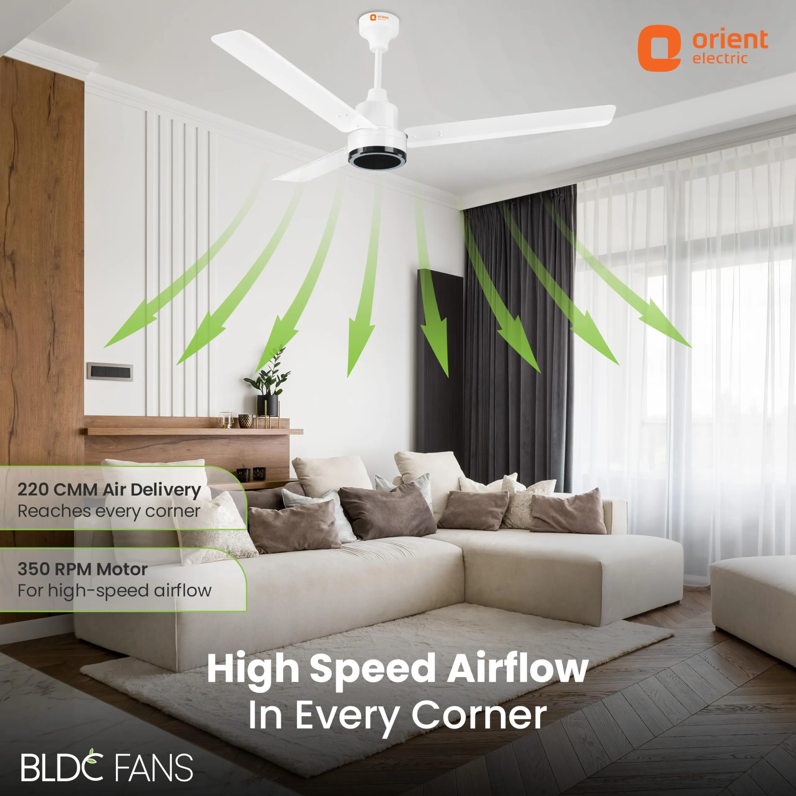 Orient Electric Newly Launched Zeno 1200mm BLDC Motor 5 Star Rated Ceiling Fan with Remote | 3 Years Warranty by Orient | Decorative Ceiling Fan for Home with Textured Rings & Powerful Airflow (White)