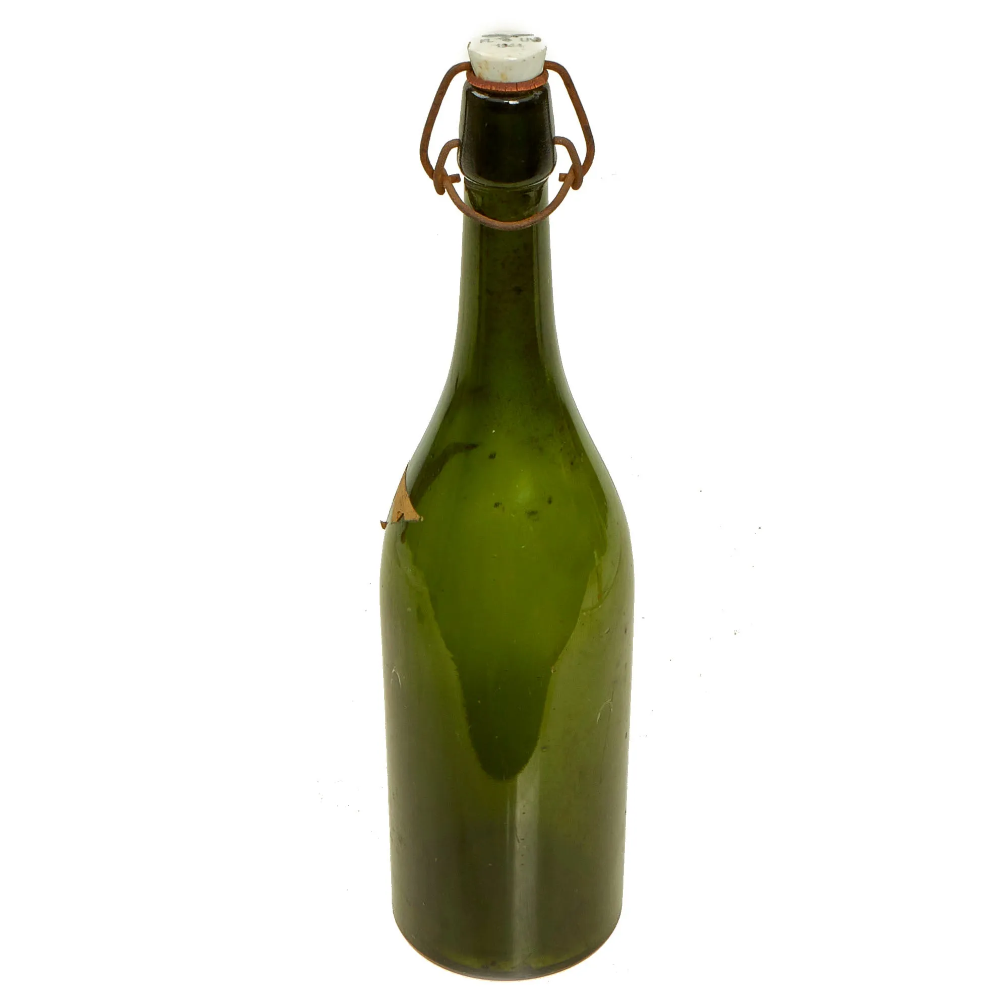 Original German WWII Luftwaffe FL UV Marked Large Green Glass Wine Bottle - dated 1944