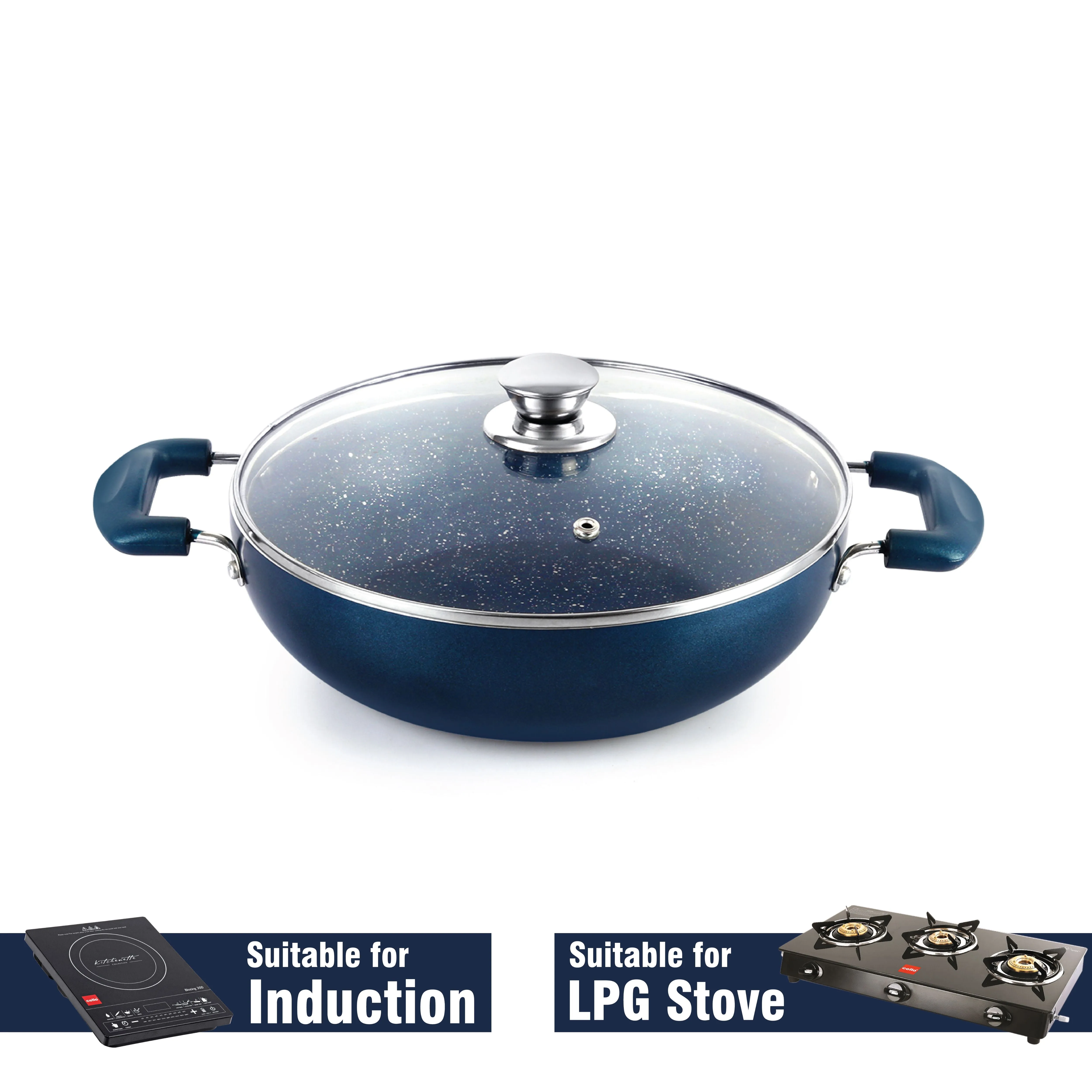 Oxford Non-Stick Induction Base Kadhai with Glass Lid, 3 Litres