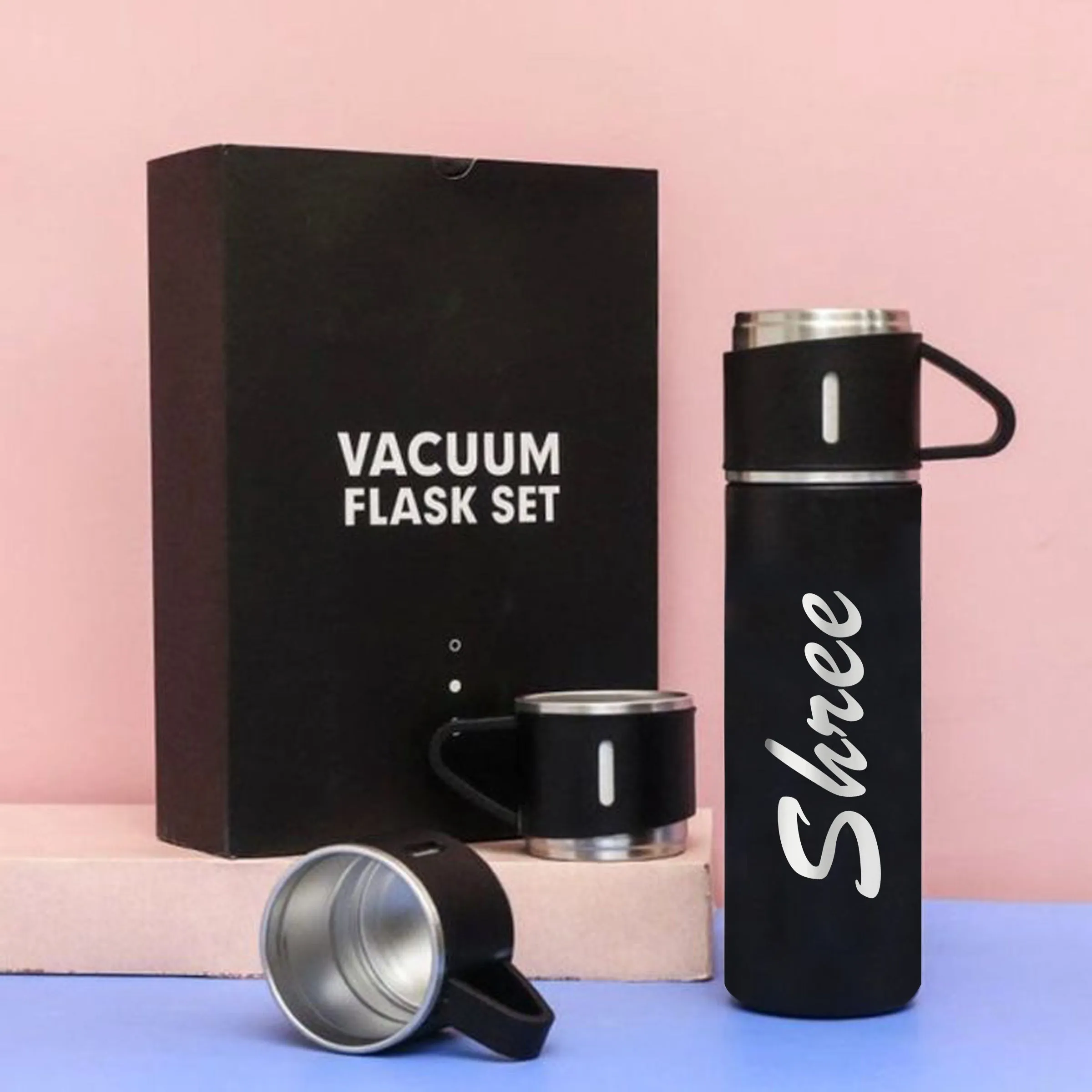 Personalized Vacuum Insulated Flask Gift Set With 3 Cups