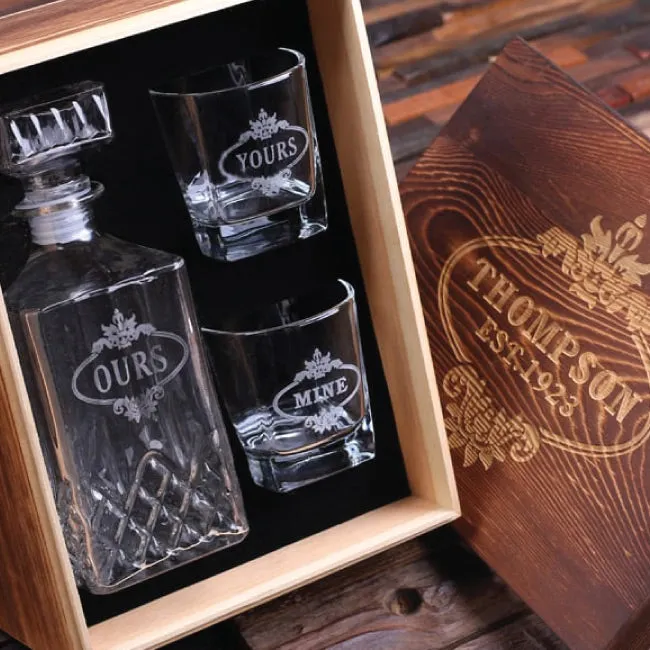 Personalized Whiskey Decanter & Whiskey Glasses W/Keepsake Box