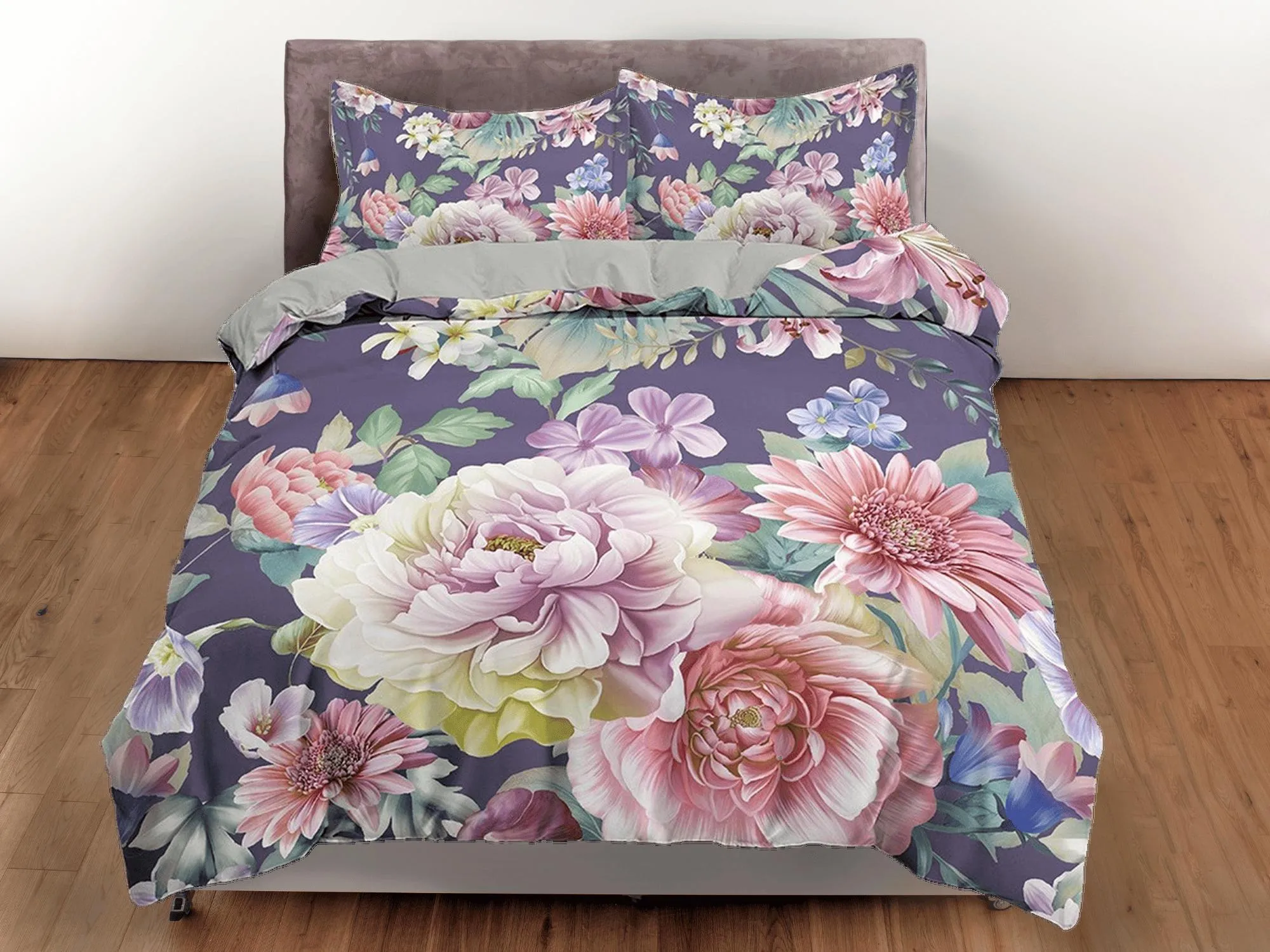 Pink floral bedding, purple duvet cover queen, king, boho duvet, designer bedding, aesthetic bedding, maximalist shabby chic bedding full